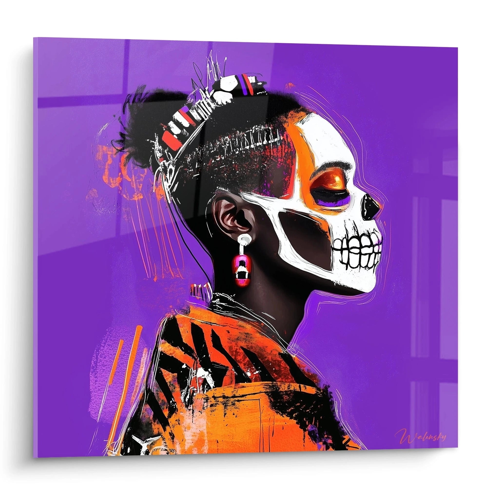 Tableau africain mural Walensky portrait coloré femme maquillage squelette fond violet