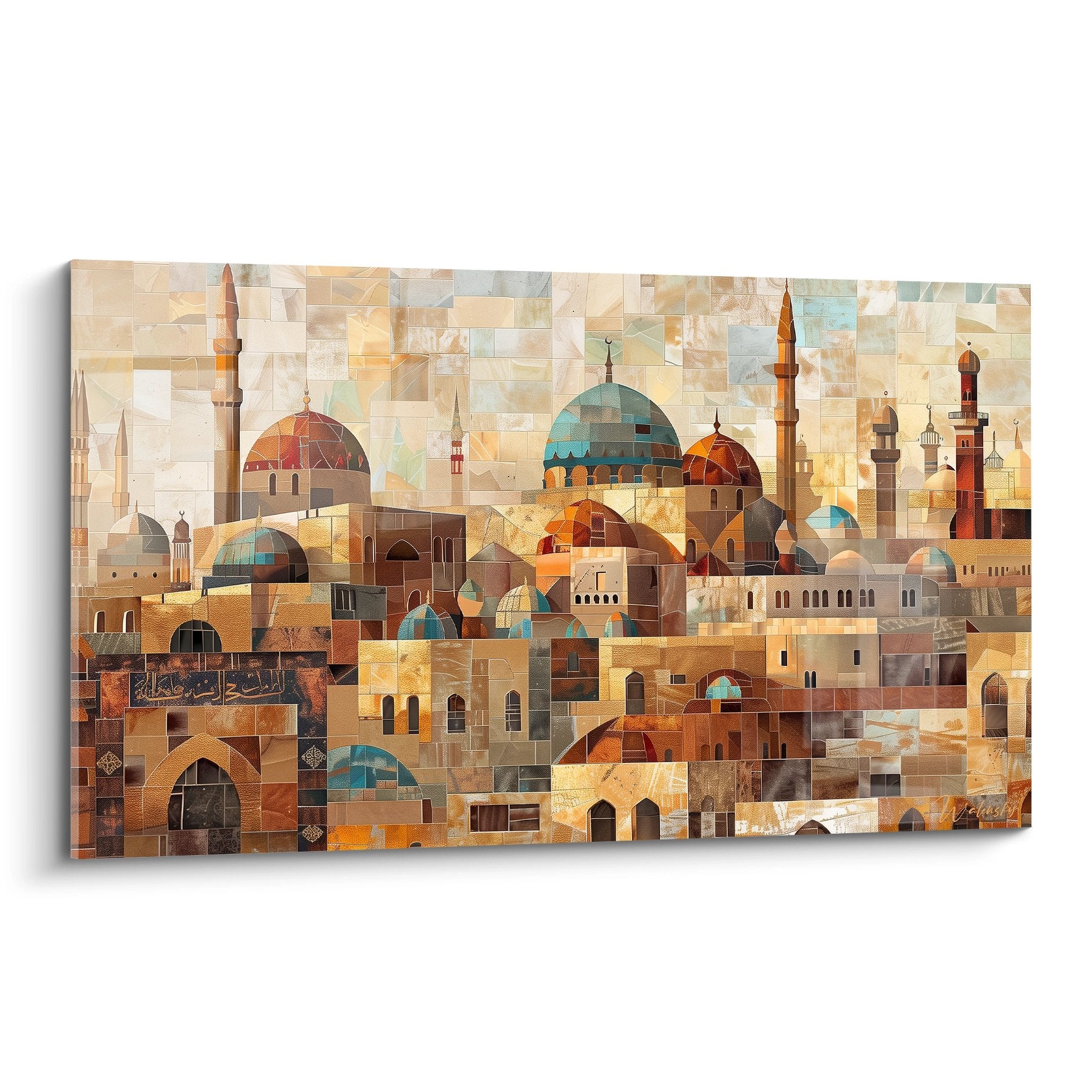 Tableau mosaique architecture orientale tons ocre turquoise domes minarets art islamique
