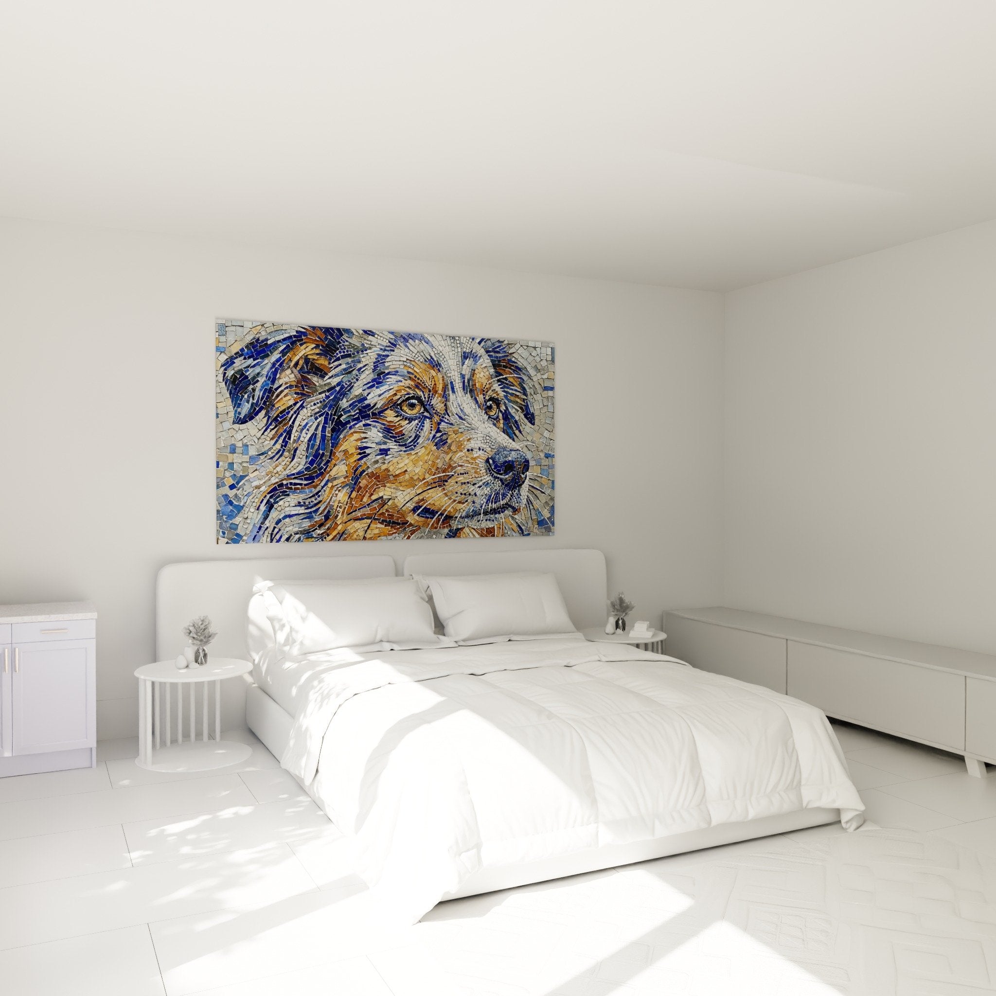 Tableau mosaique chien berger decoration murale chambre tons bleus cuivres art tesselle