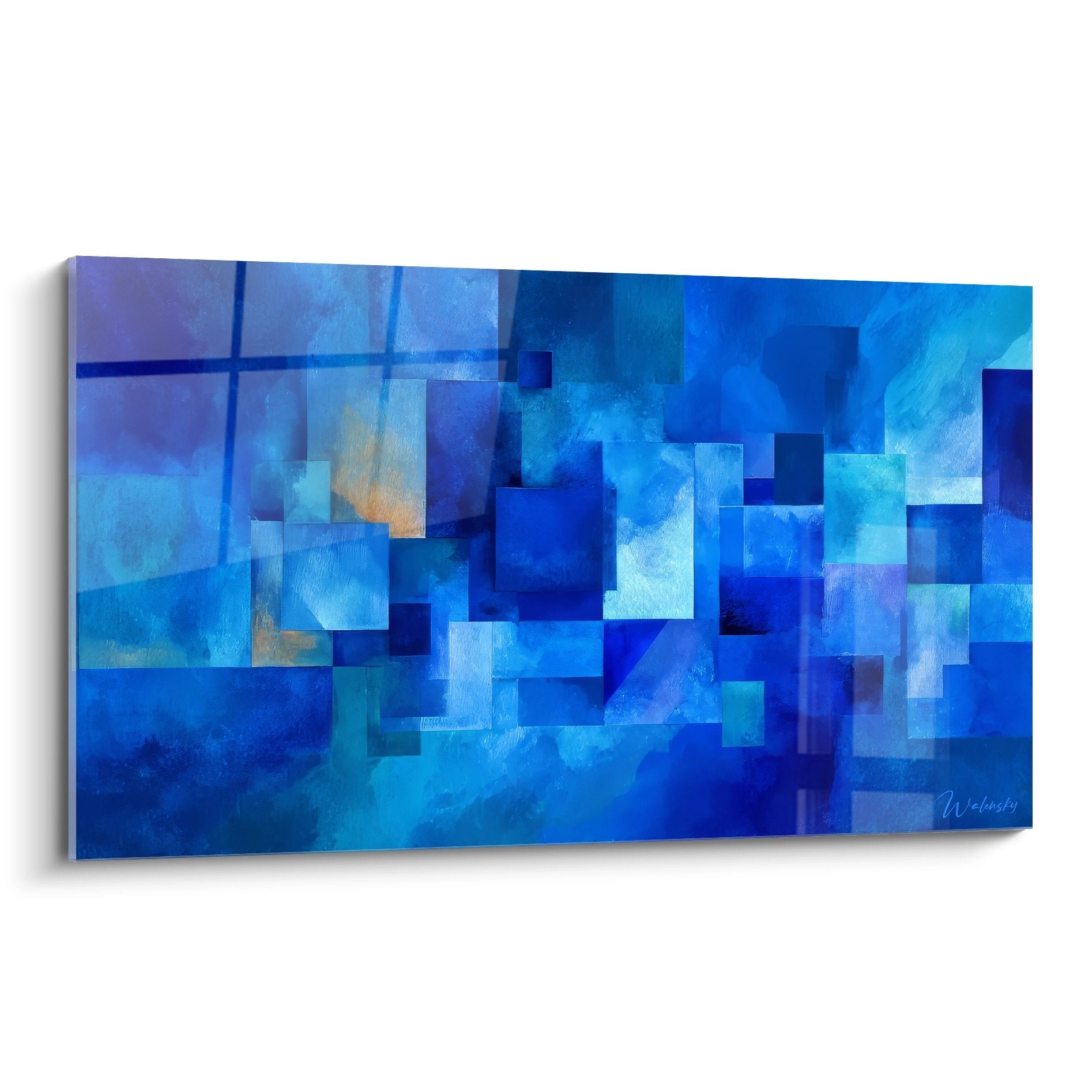 Tableau mural géométrique abstrait mosaïque bleue formes rectangulaires modernes décoration intérieure contemporaine