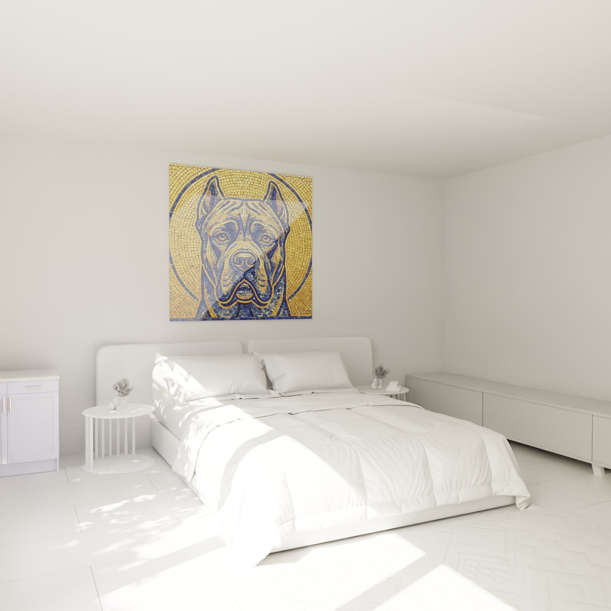 Tableau mosaïque Cane Corso doré bleu dans chambre moderne décoration murale élégante