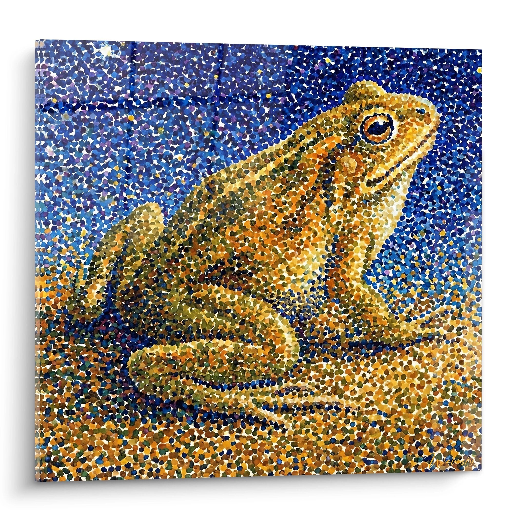 Pointillist mosaic toad artwork golden orange glinting tessellated tiles blue background animal art