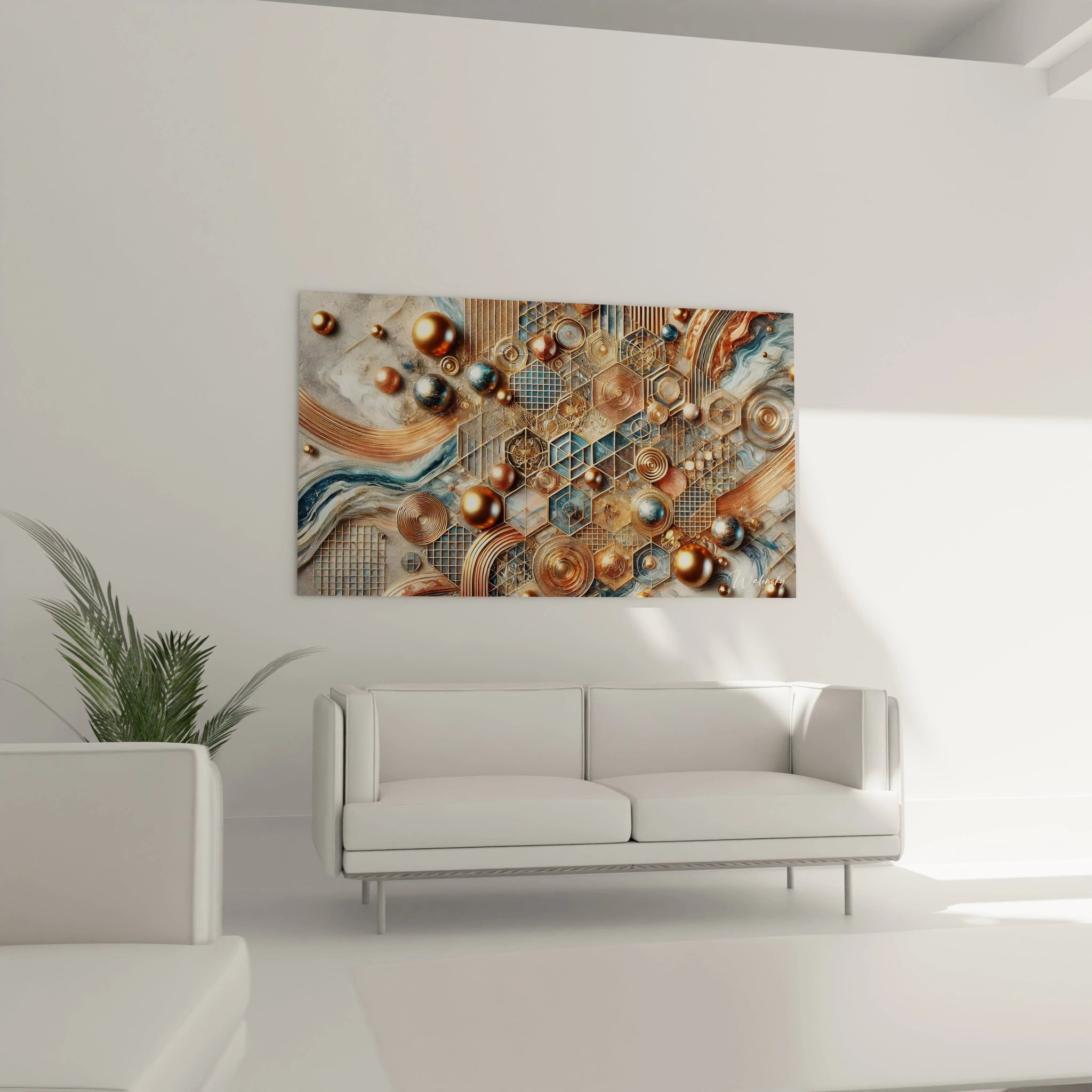 Ce tableau style epoxy sur le mur du salon attire les regards avec ses sphères dorées et ses motifs géométriques bleus et beiges, créant une ambiance élégante et cosmique au cœur de la pièce.
