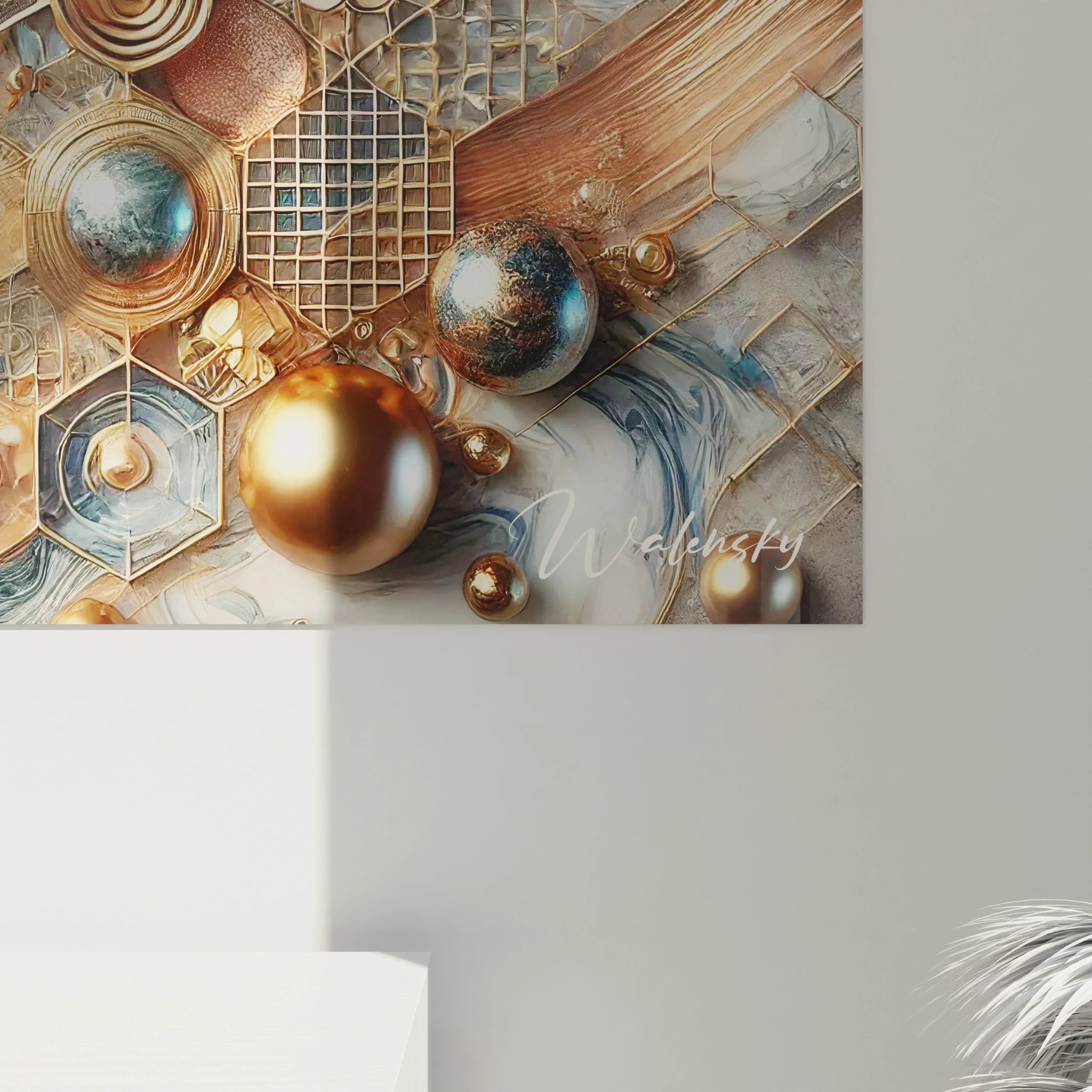 Vue rapprochée de ce tableau style epoxy où les sphères dorées et les lignes métalliques créent un effet tridimensionnel, offrant une immersion totale dans l’équilibre entre fluidité et précision géométrique.