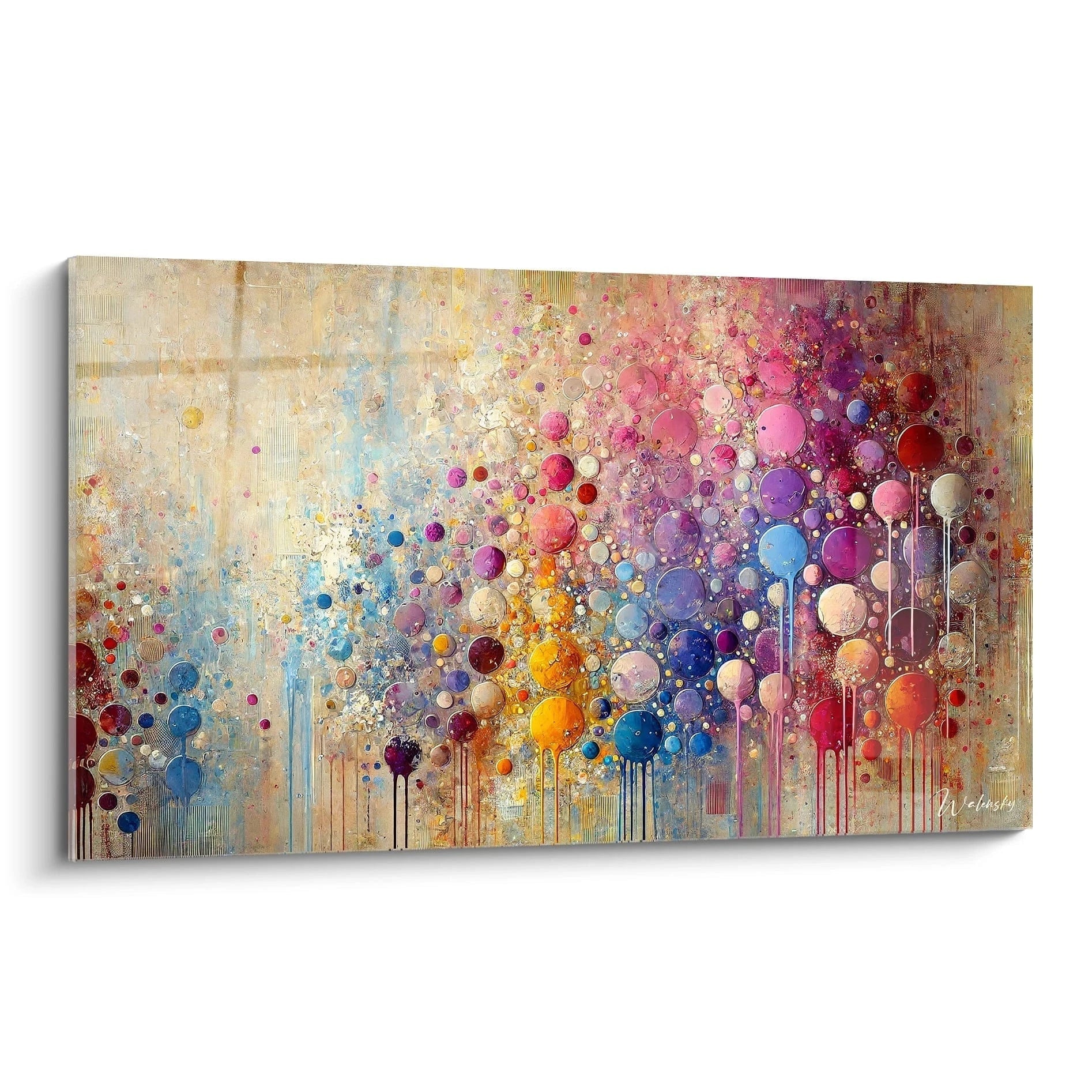 Découvrez "Mosaïque de Sphères", une explosion de couleurs et de formes sphériques flottant dans un espace vibrant. Reliefs et textures apportent profondeur à cette composition dynamique et aérienne.