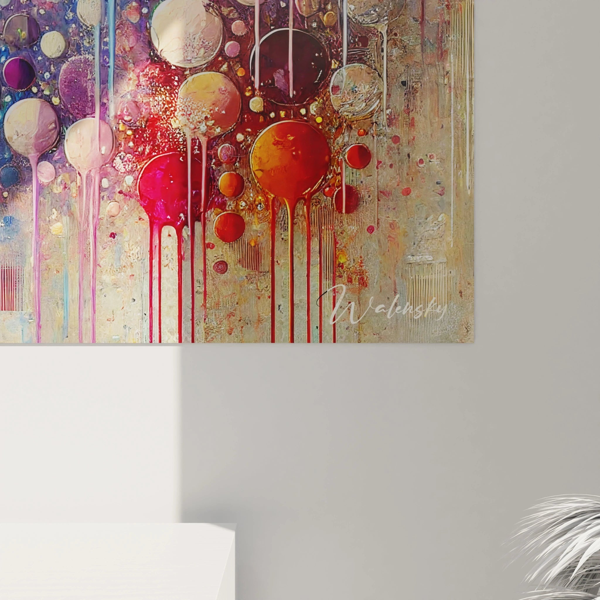 Vue rapprochée de "Mosaïque de Sphères" : textures en relief, sphères tridimensionnelles, et traînées de peinture qui renforcent l’aspect organique. Un véritable chef-d'œuvre abstrait aux couleurs éclatantes.