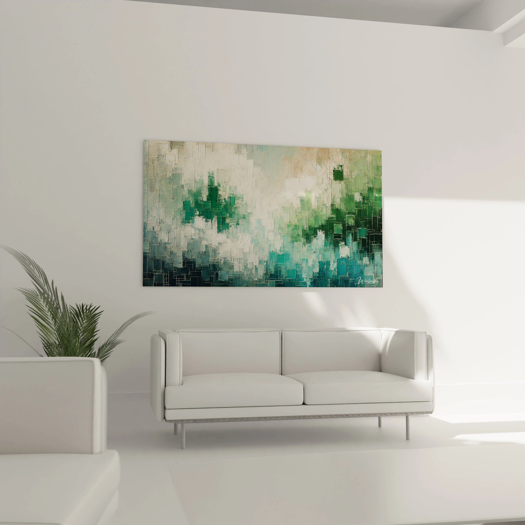 Ce tableau abstrait vert surplombe le canapé, apportant une touche artistique et organique au salon. La mosaïque de formes carrées et le dégradé de couleurs créent un équilibre visuel unique.