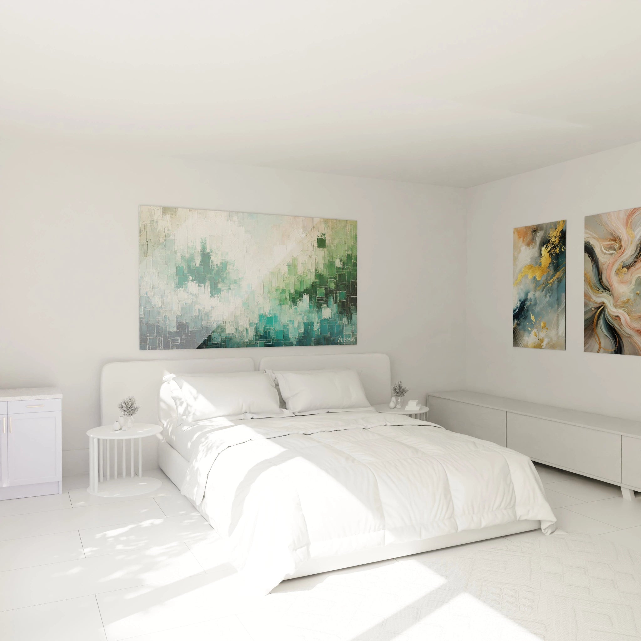 Le tableau abstrait vert et blanc accroché au-dessus d’un lit, ajoutant une touche apaisante à la chambre. La transition fluide des couleurs émeraude apporte une ambiance sereine à l’espace.