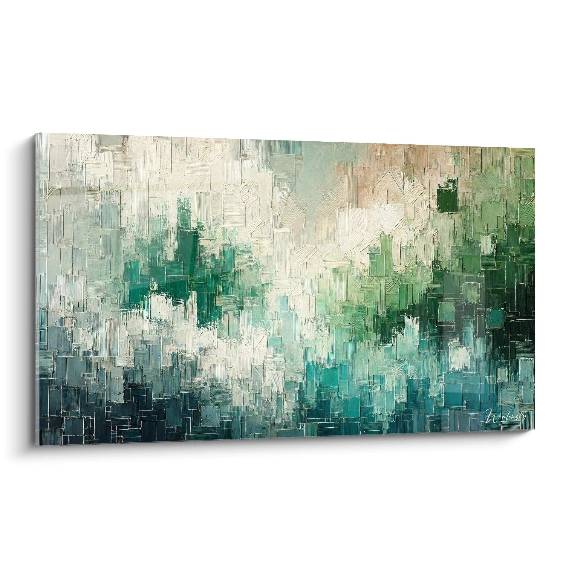 Une composition abstraite aux tons verts et blancs, vue de biais. Les carrés texturés créent une profondeur captivante. Un tableau aux teintes émeraude et douces, idéal pour un intérieur moderne.