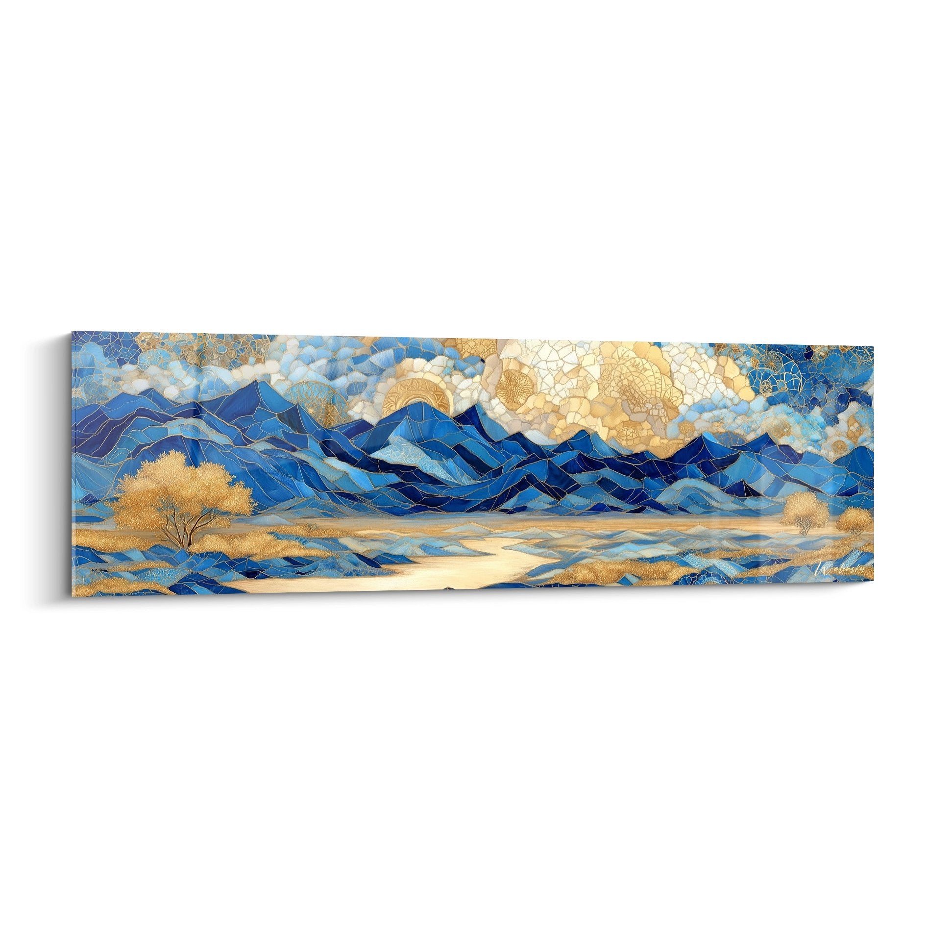 Tableau mural géométrique représentant paysage désert mosaïque tons dorés bleus montagnes stylisées art moderne