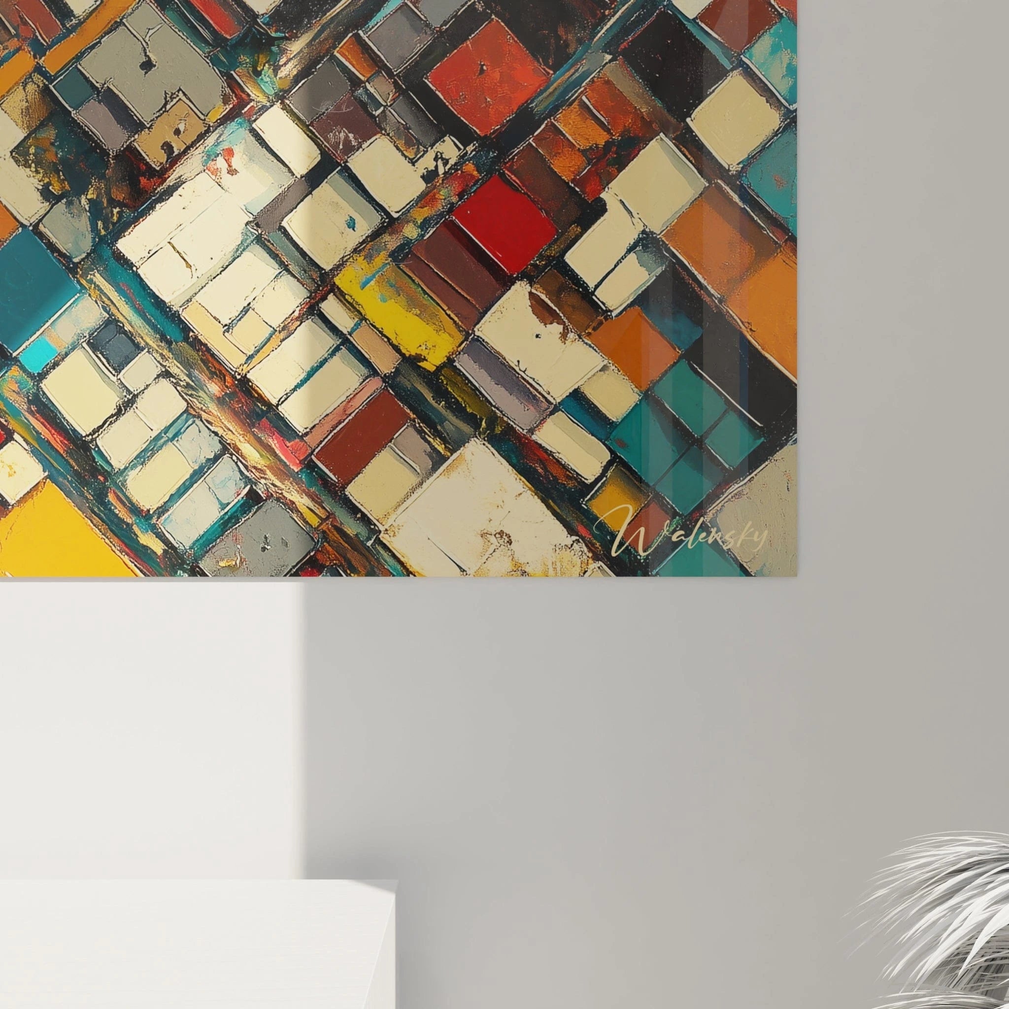 Tableau cubisme abstrait de Walensky avec des couleurs vives et des formes géométriques dynamiques