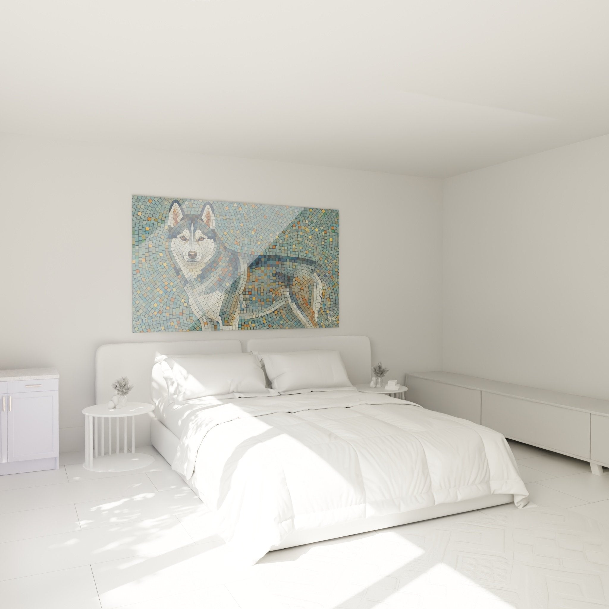 Tableau mosaique husky siberien chambre decoration murale bleu gris ambiance nordique contemporaine