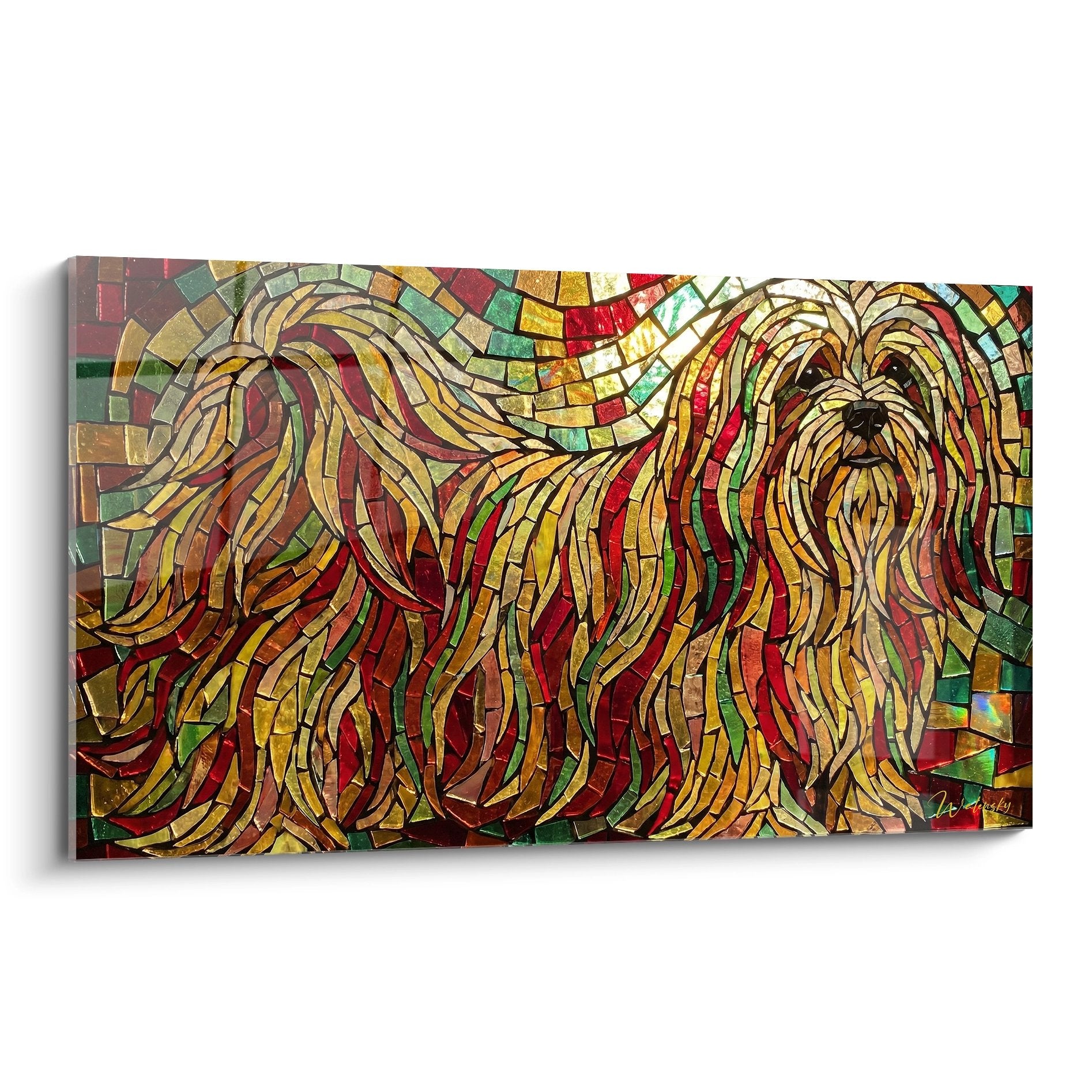 Tableau mosaique Lhassa Apso aux tons dores et cuivres sur fond multicolore effet vitrail artistique