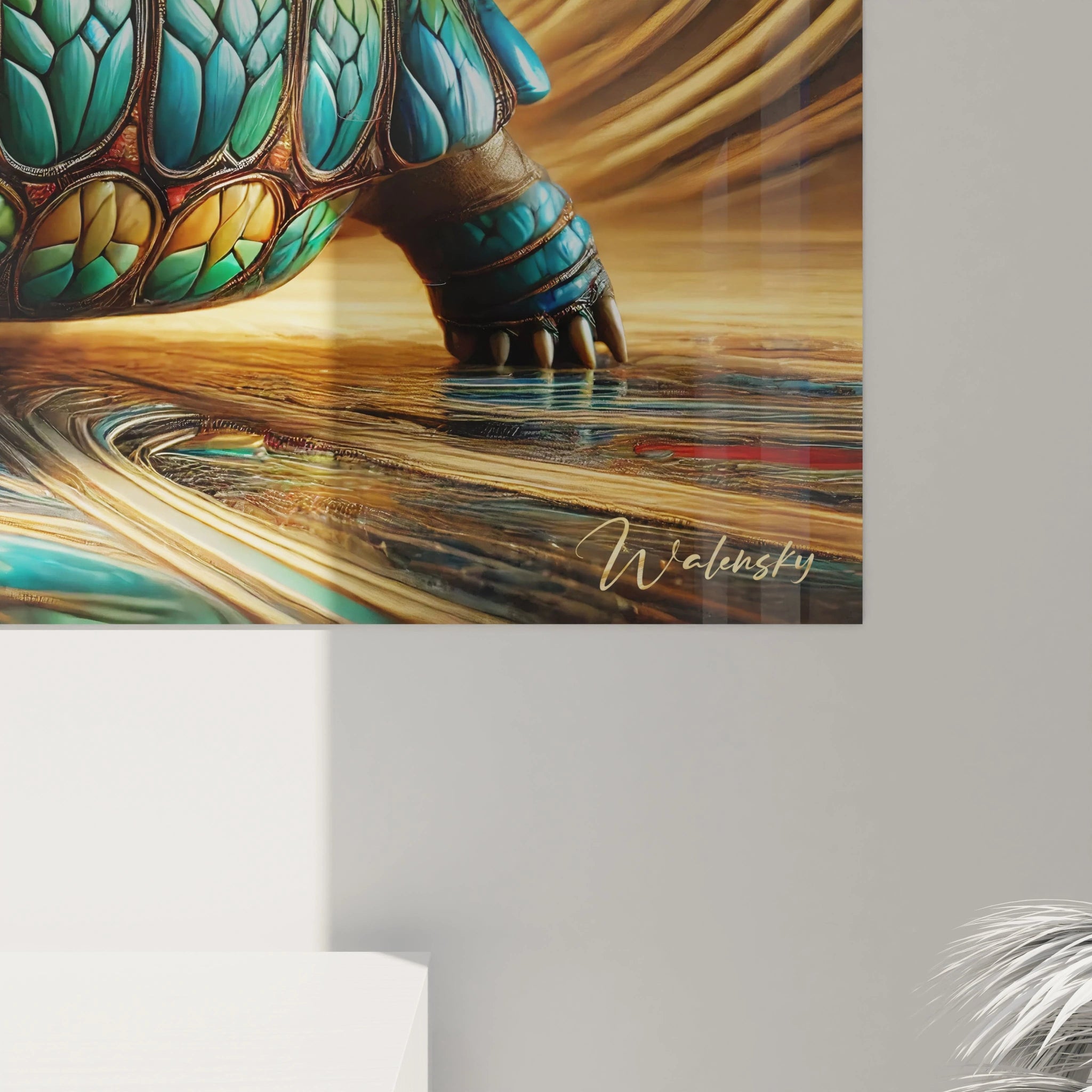 En vue rapprochée, la carapace du tableau tortue terrestre révèle des détails complexes et une palette de couleurs éclatantes. Chaque motif géométrique est un hommage à la beauté naturelle et artistique.