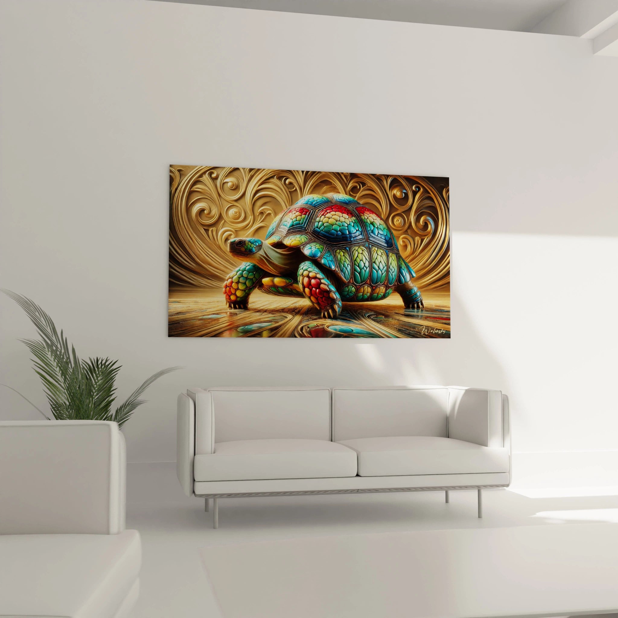 Sublimez votre salon avec ce tableau tortue terrestre au-dessus du canapé. Ses motifs géométriques riches et ses nuances vives deviennent le point focal de votre décoration intérieure.