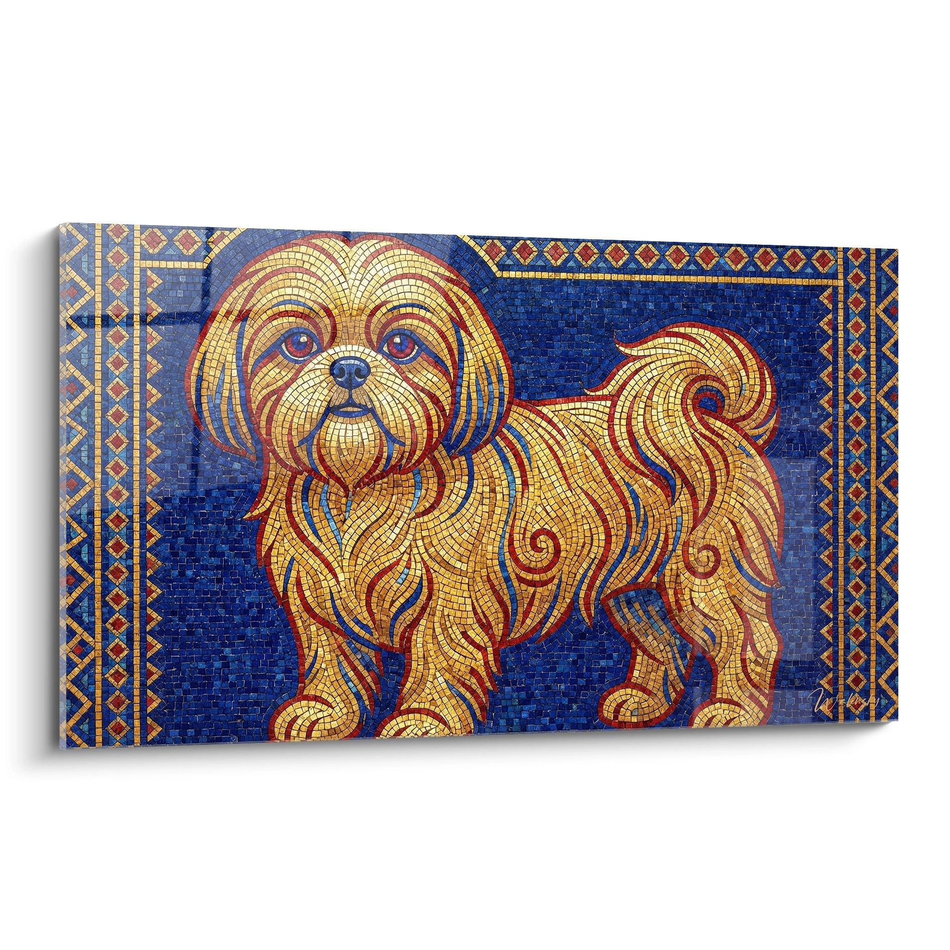 Tableau mosaique shih tzu dore sur fond bleu style byzantin avec bordures ornementales rouge et or
