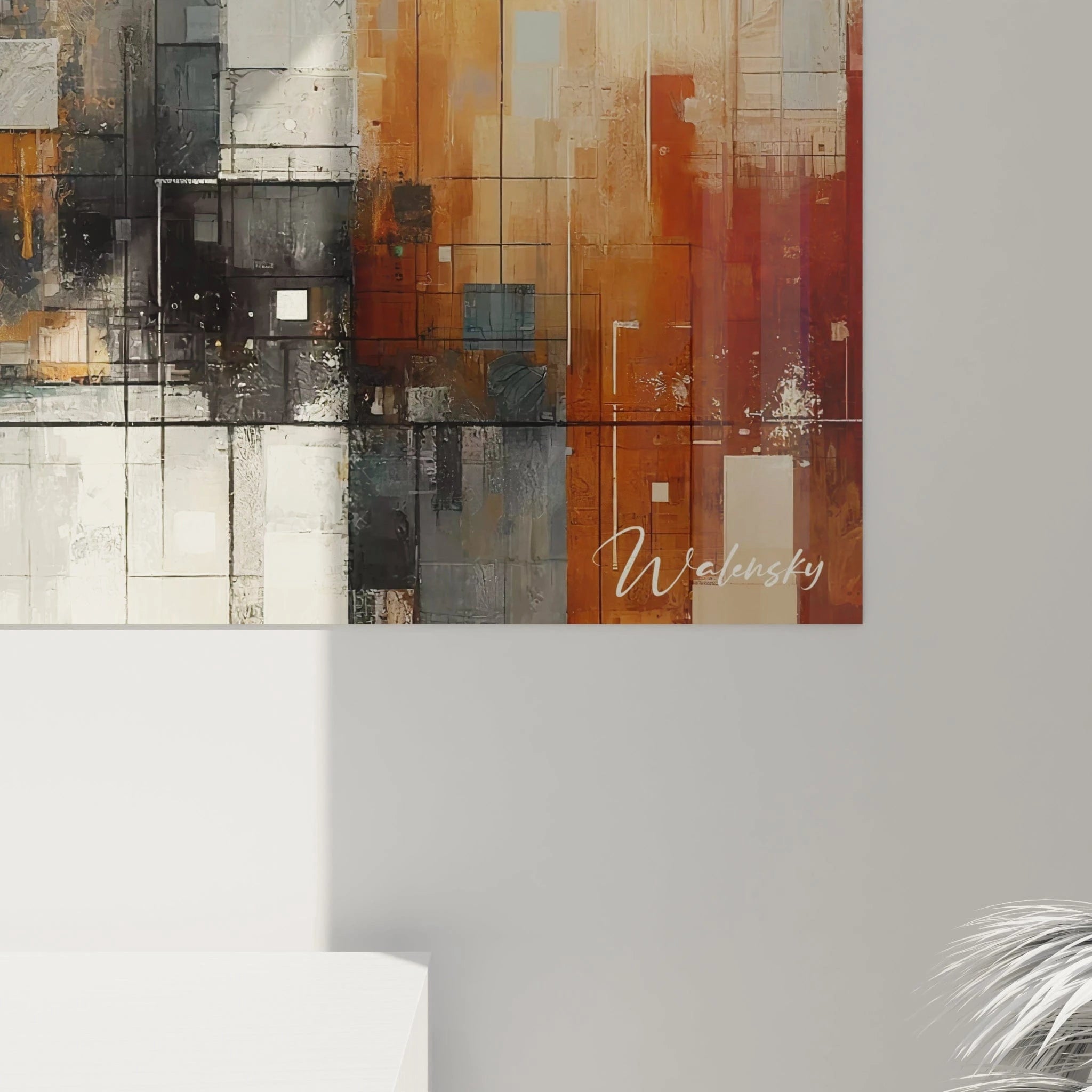 Un tableau abstrait de quadrillage numérique stylisé. Utilise une palette de bleu profond, beige, orange brûlée et noir. La texture présente une composition structurée de formes carrées et rectangulaires délimitées par des lignes fines, avec des variations de densité et de transparence créant une transition progressive des zones sombres vers les zones lumineuses.