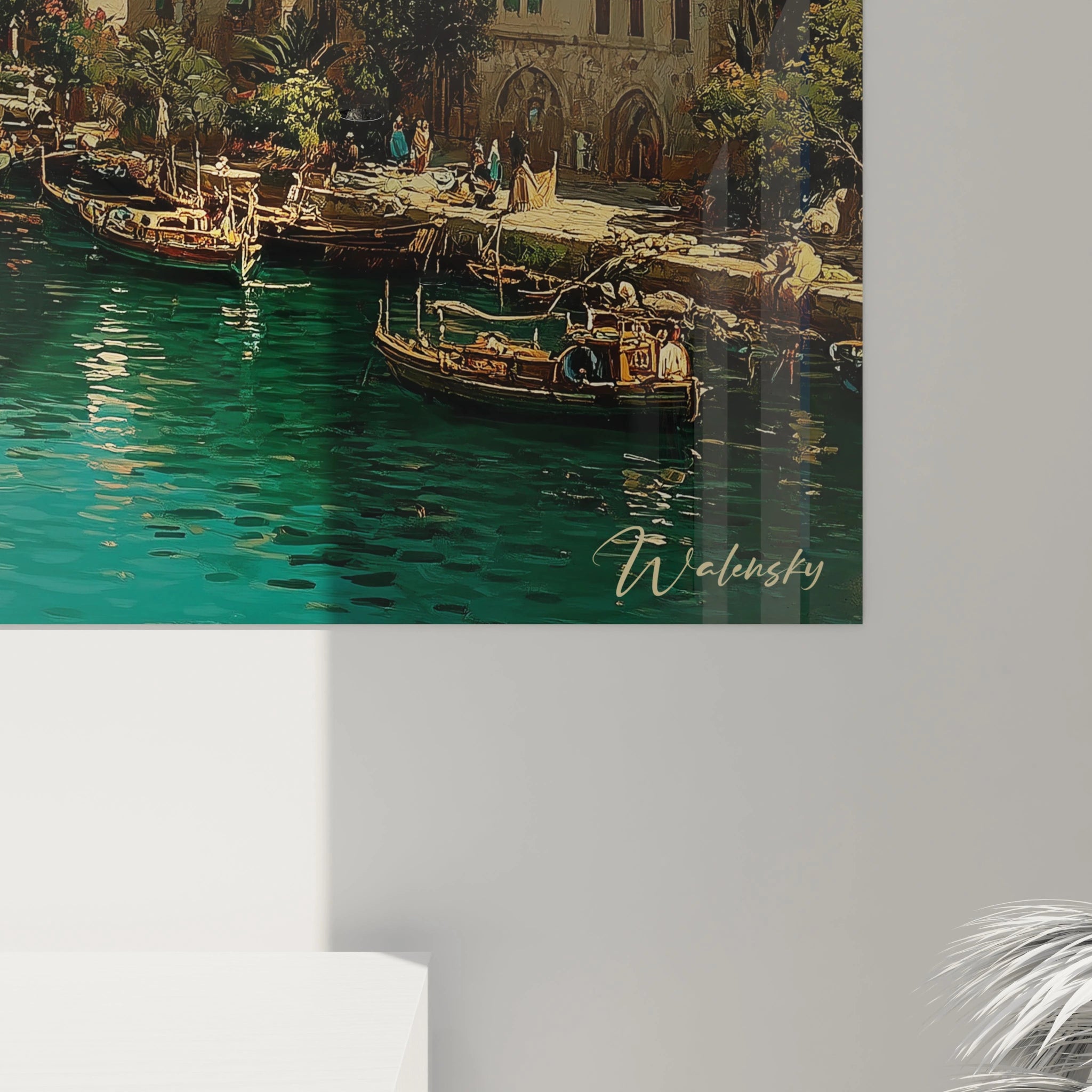 Tableau mural Walensky montrant scène au bord de l eau avec barques, bâtiments historiques et reflets tableau mosquée orientalisme