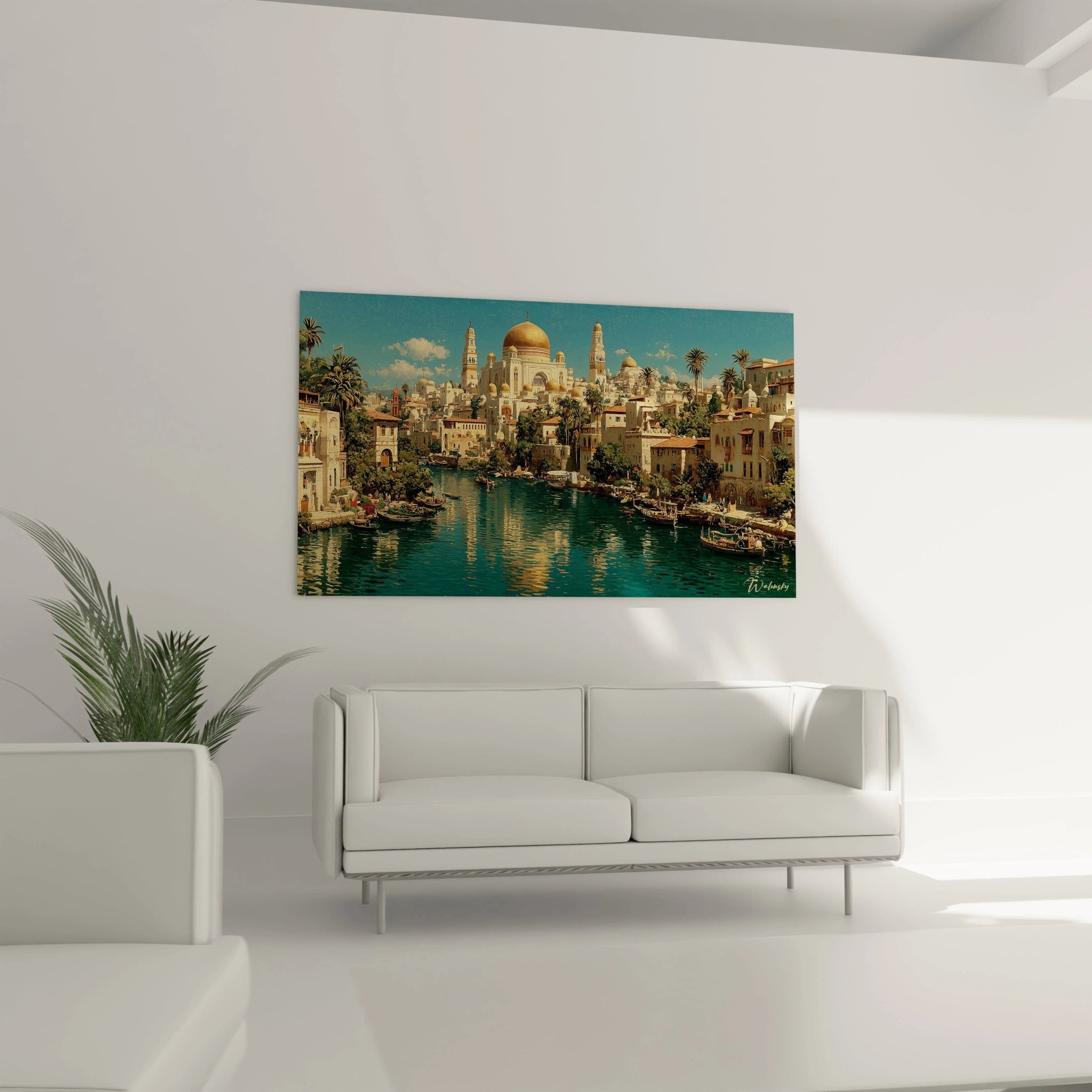 tableau mosquée orientalisme Walensky grand tableau mural décoratif représentant une mosquée dorée au bord d un canal pour salon