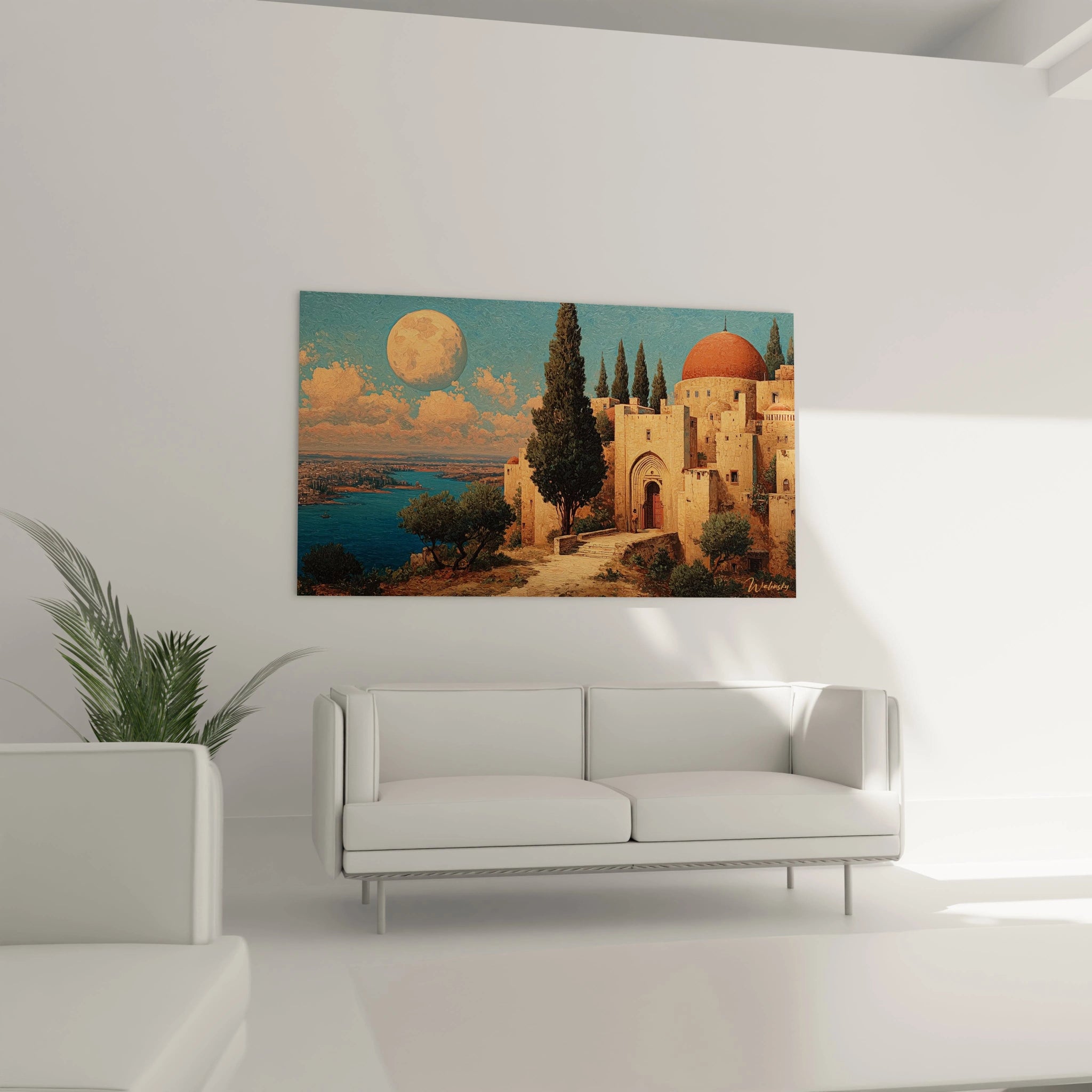 Tableau mural Walensky montrant une mosquée en bord de mer avec tableau mosquée coupole rouge et pleine lune pour salon