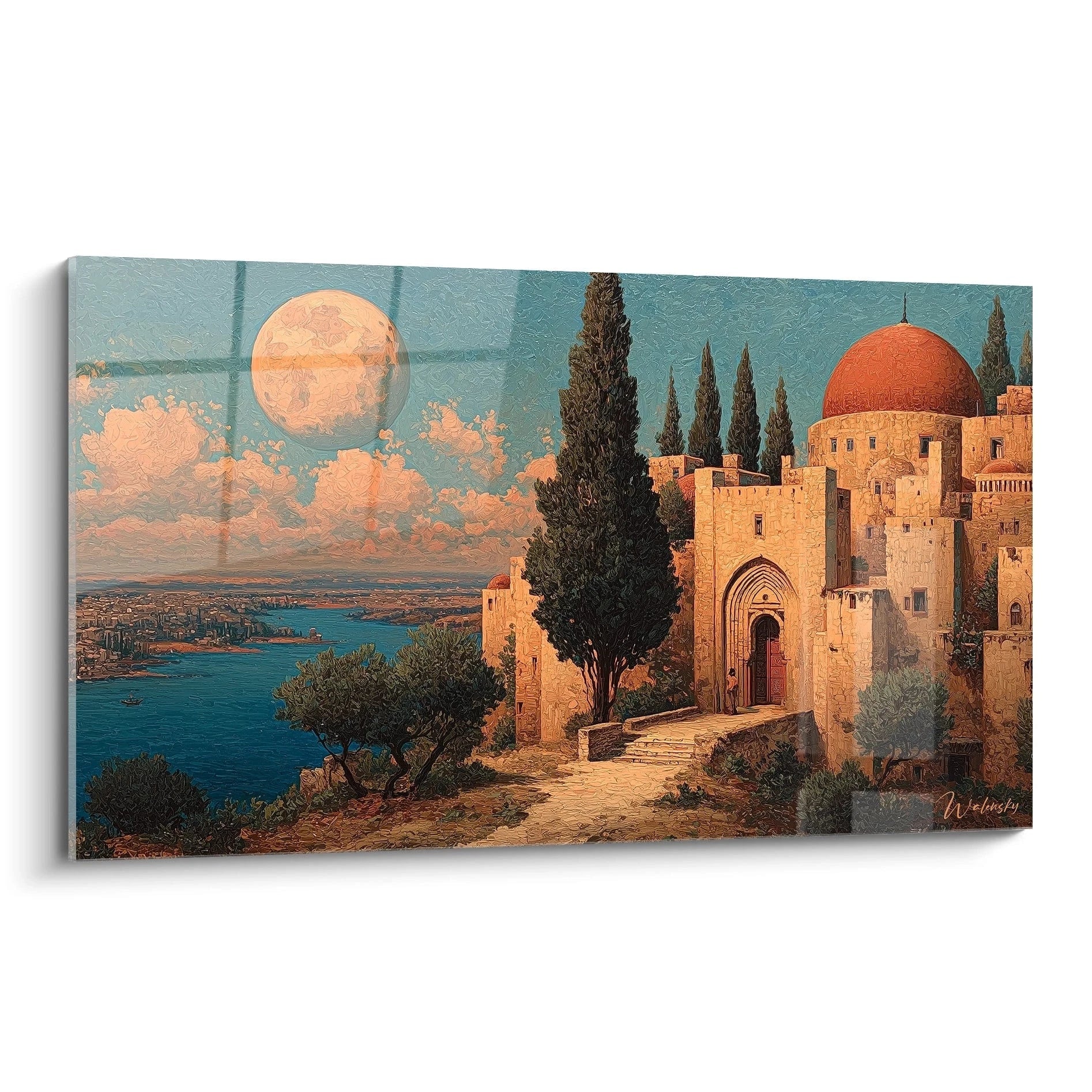 tableau mosquée coupole rouge Walensky représentant une mosquée côtière au coucher de soleil