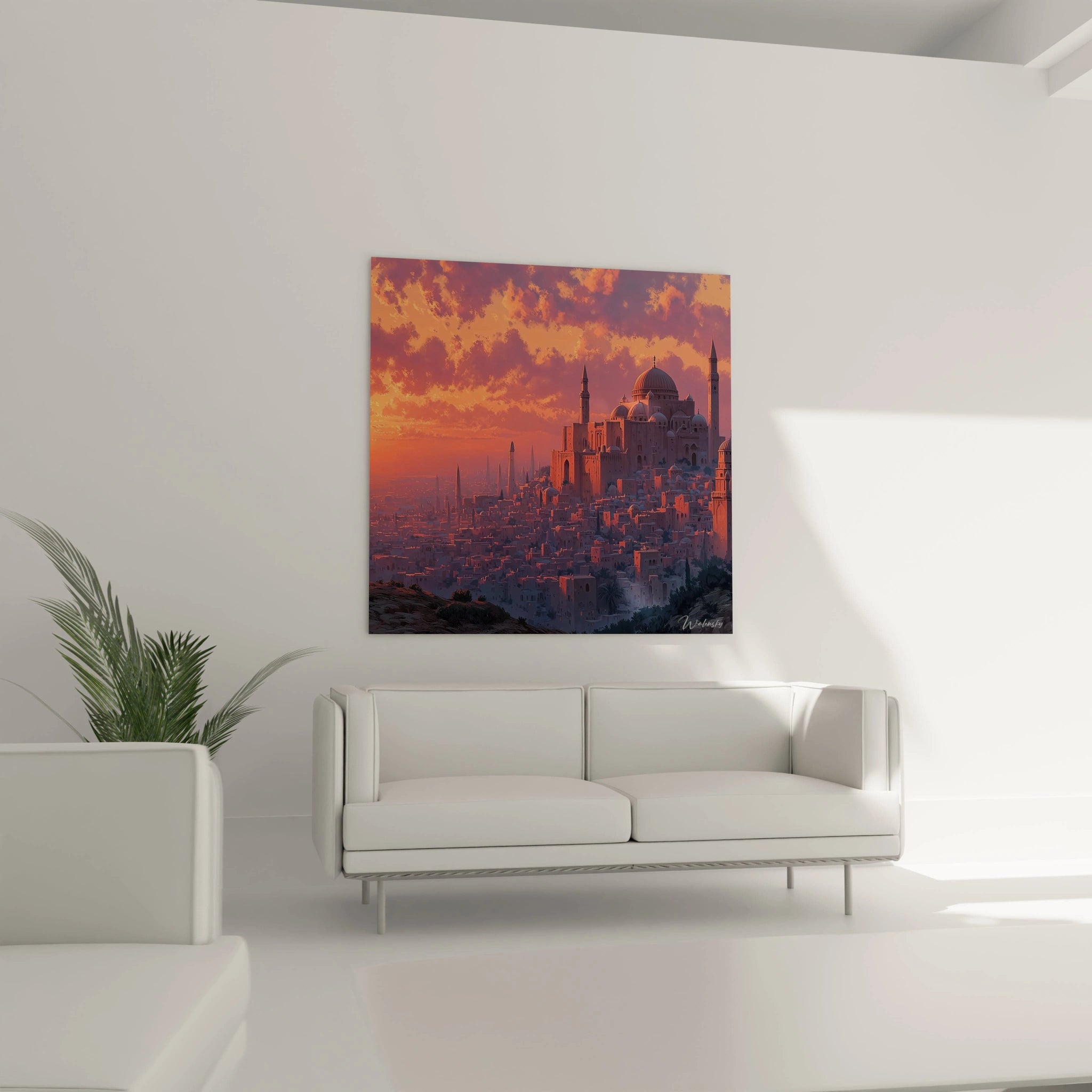 tableau mosquée ottoman montrant une mosquee ottomane au coucher de soleil accroche au dessus d un canape blanc