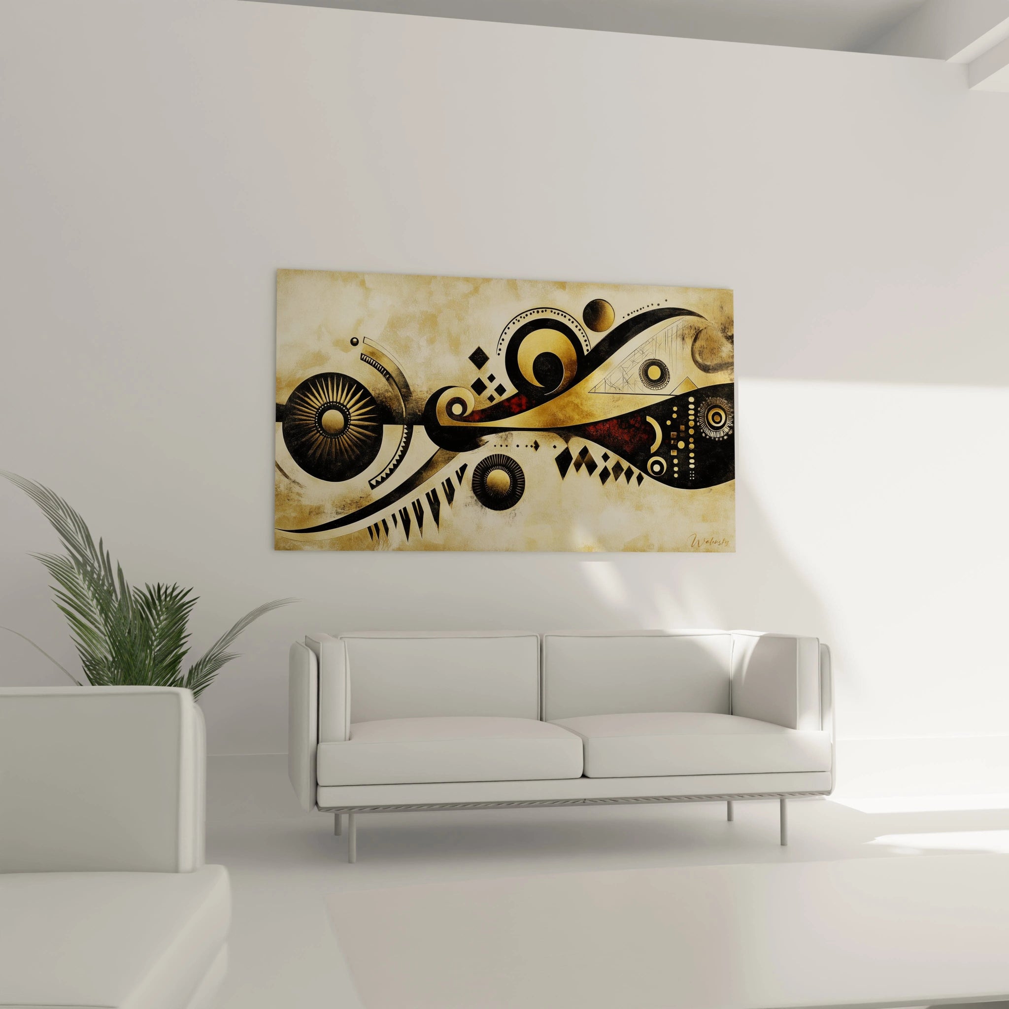 Tableau africain mural Walensky avec motifs géométriques noirs et dorés dans un salon moderne