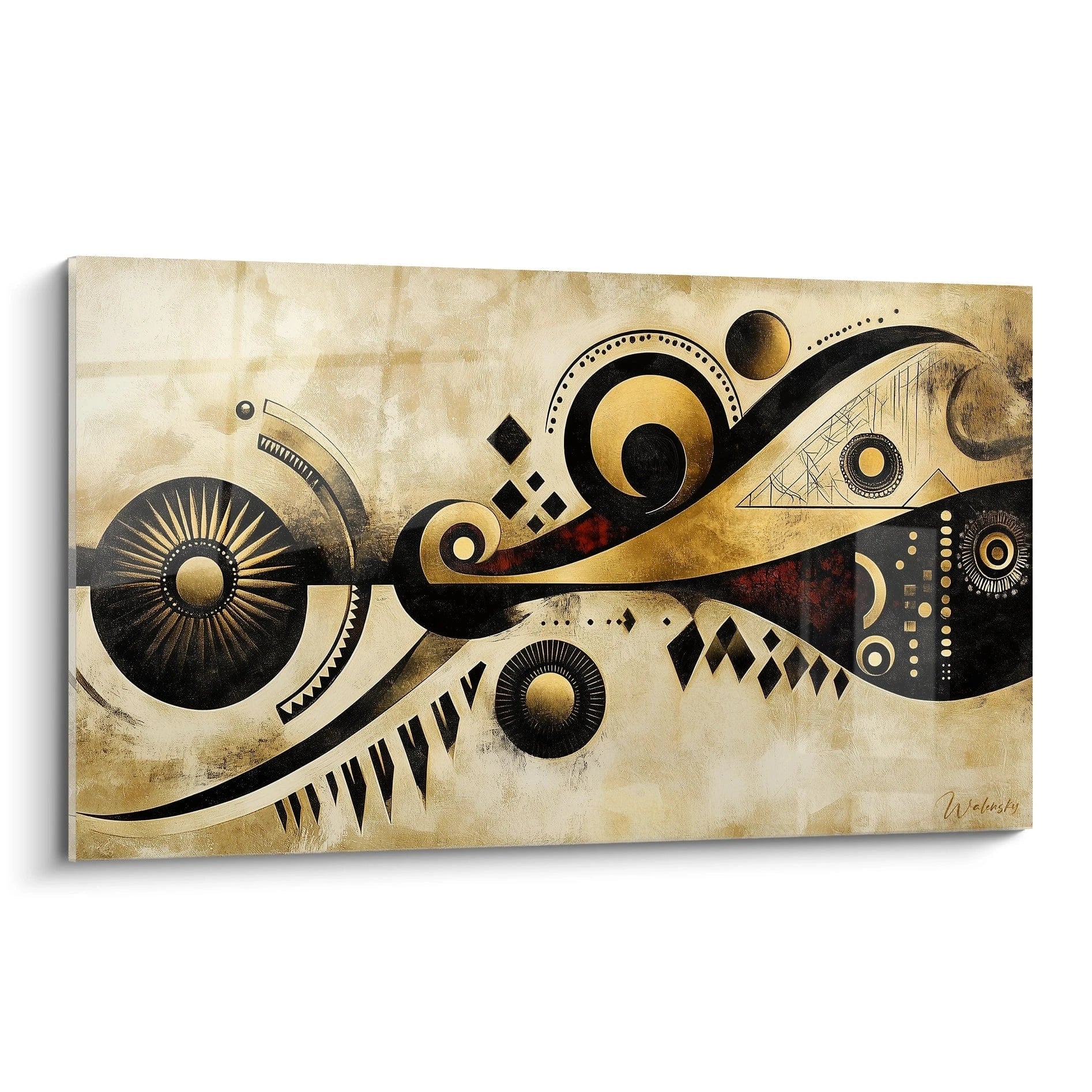 Tableau africain mural abstrait de Walensky avec motifs géométriques noirs et dorés sur fond beige