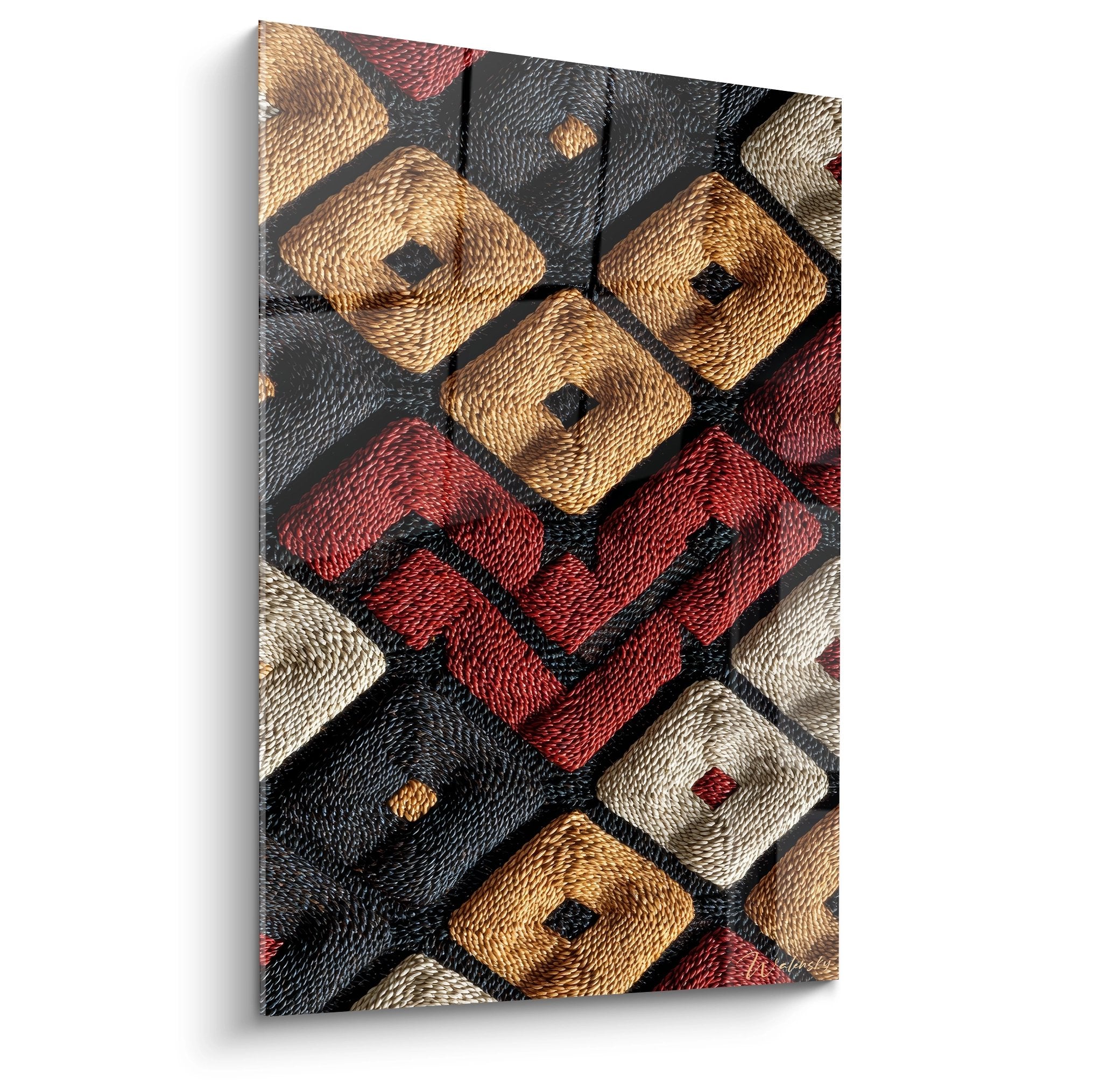 Tableau mural motifs géométriques africains damier rouge or noir tissu traditionnel