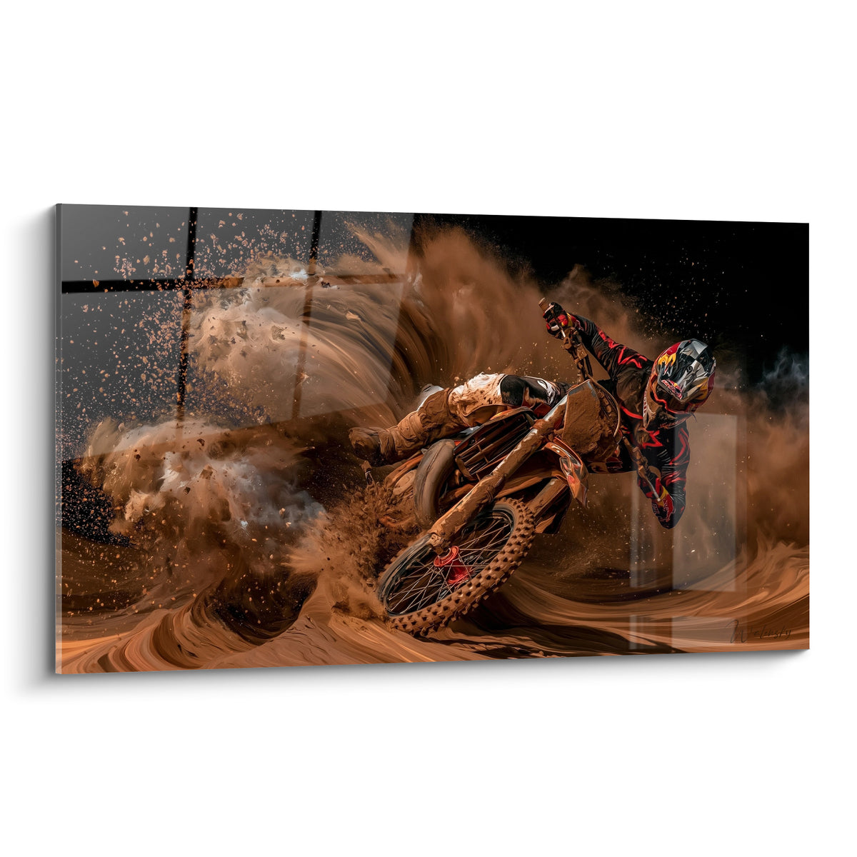Pilote de motocross incliné dans une vague de terre ocre et poussière anthracite intense