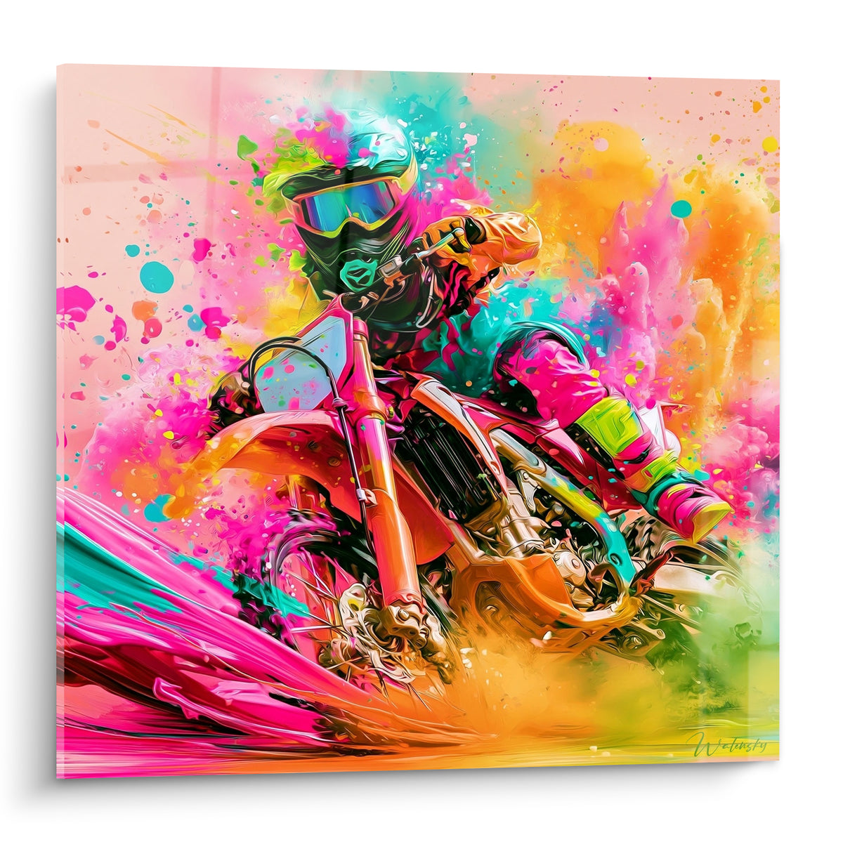 Motard casqué fonce en virage, moto cross rose fuchsia et orange, éclaboussures turquoise vives