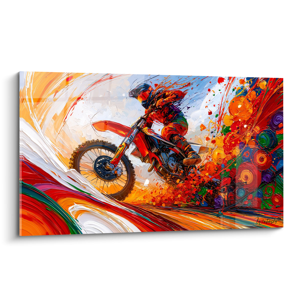 Motard rouge en plein saut, éclaboussures orange, violet et bleu pastel autour de la moto tout-terrain