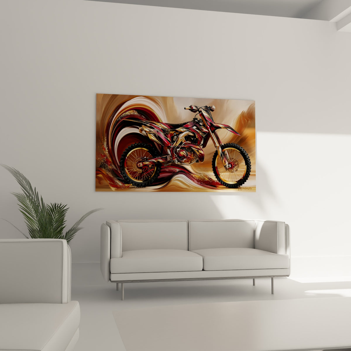 Motocyclette tout-terrain rouge et or au-dessus d'un canapé dans un salon lumineux