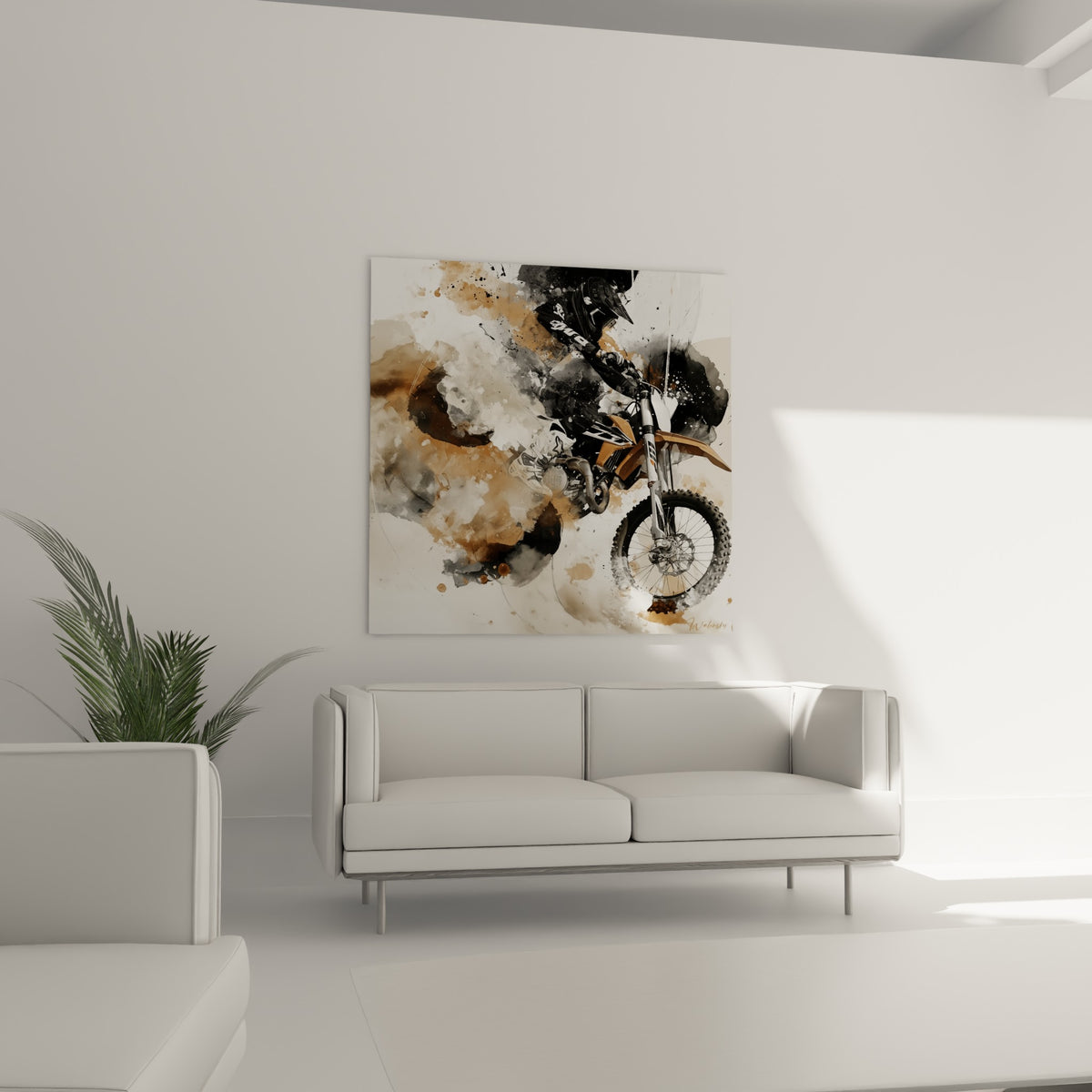 Course en aquarelle ocre et grise suspendue au-dessus d'un canapé dans un salon lumineux