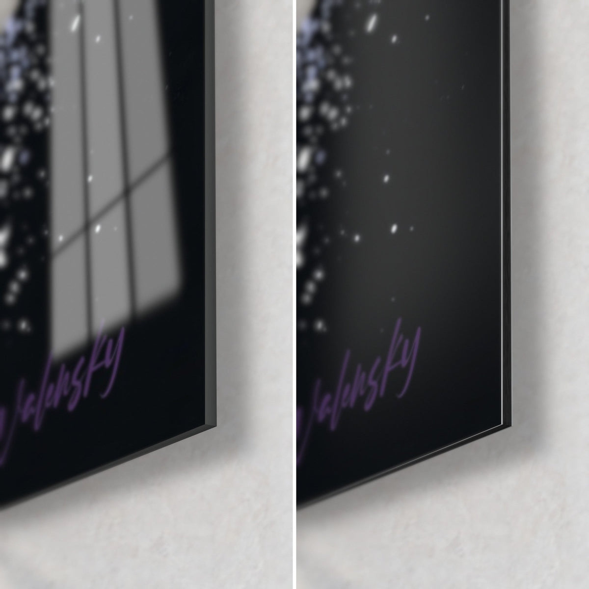 Tableau moto cross en éclats mauves et or, coin bas droit en verre brillant à reflets et en Dibond noir mat, tranche de 3 mm