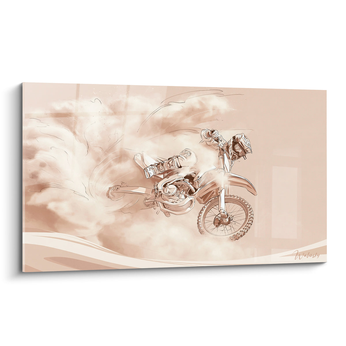 Motocross beige et blanc en plein saut, moto inclinée dans un nuage de poussière sépia dessiné