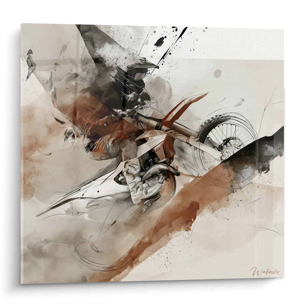 Pilote de motocross penché en plein saut, tableau esquissé ocre et anthracite sur fond clair