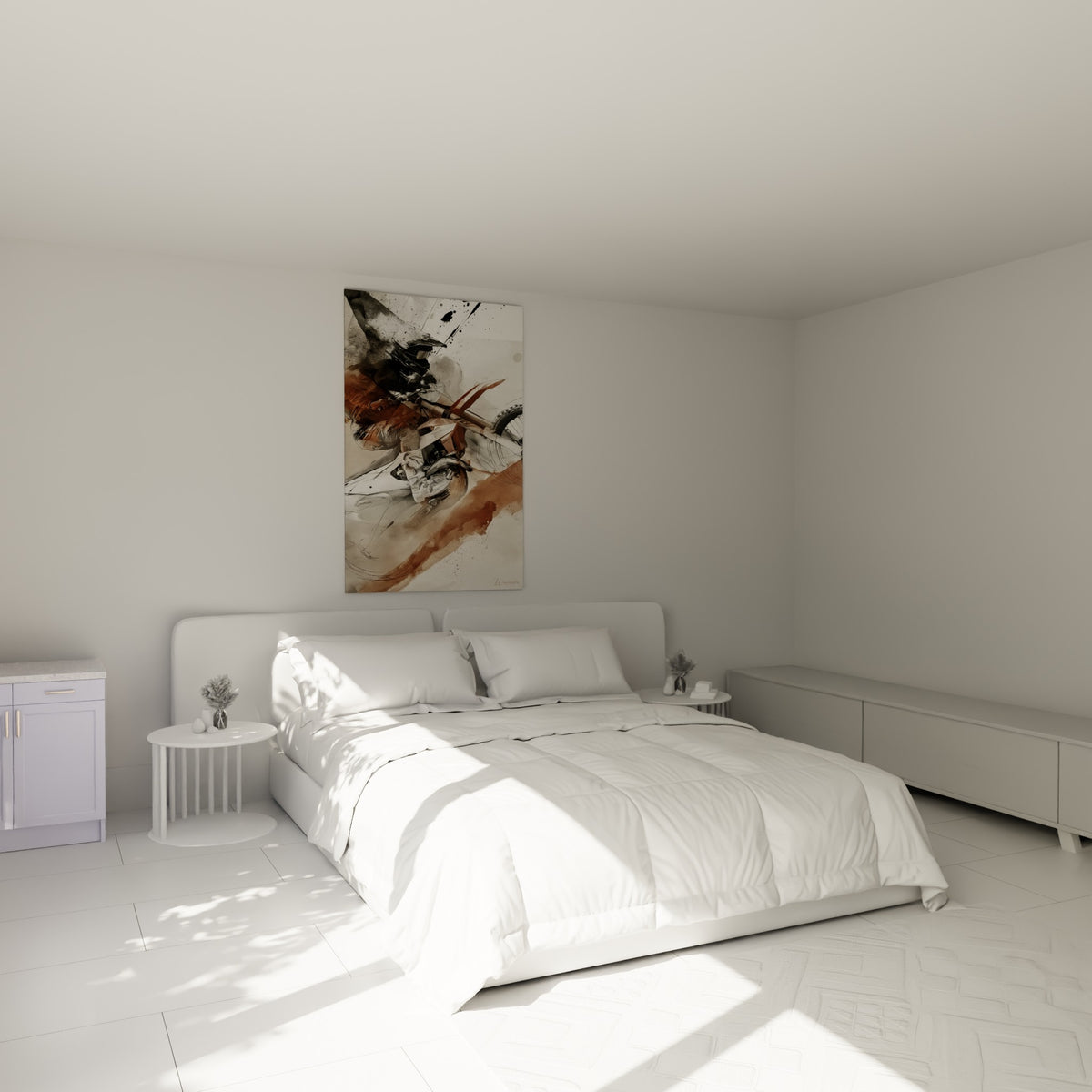 Motard esquissé en terracotta et anthracite accroché au-dessus d'un lit dans une chambre claire