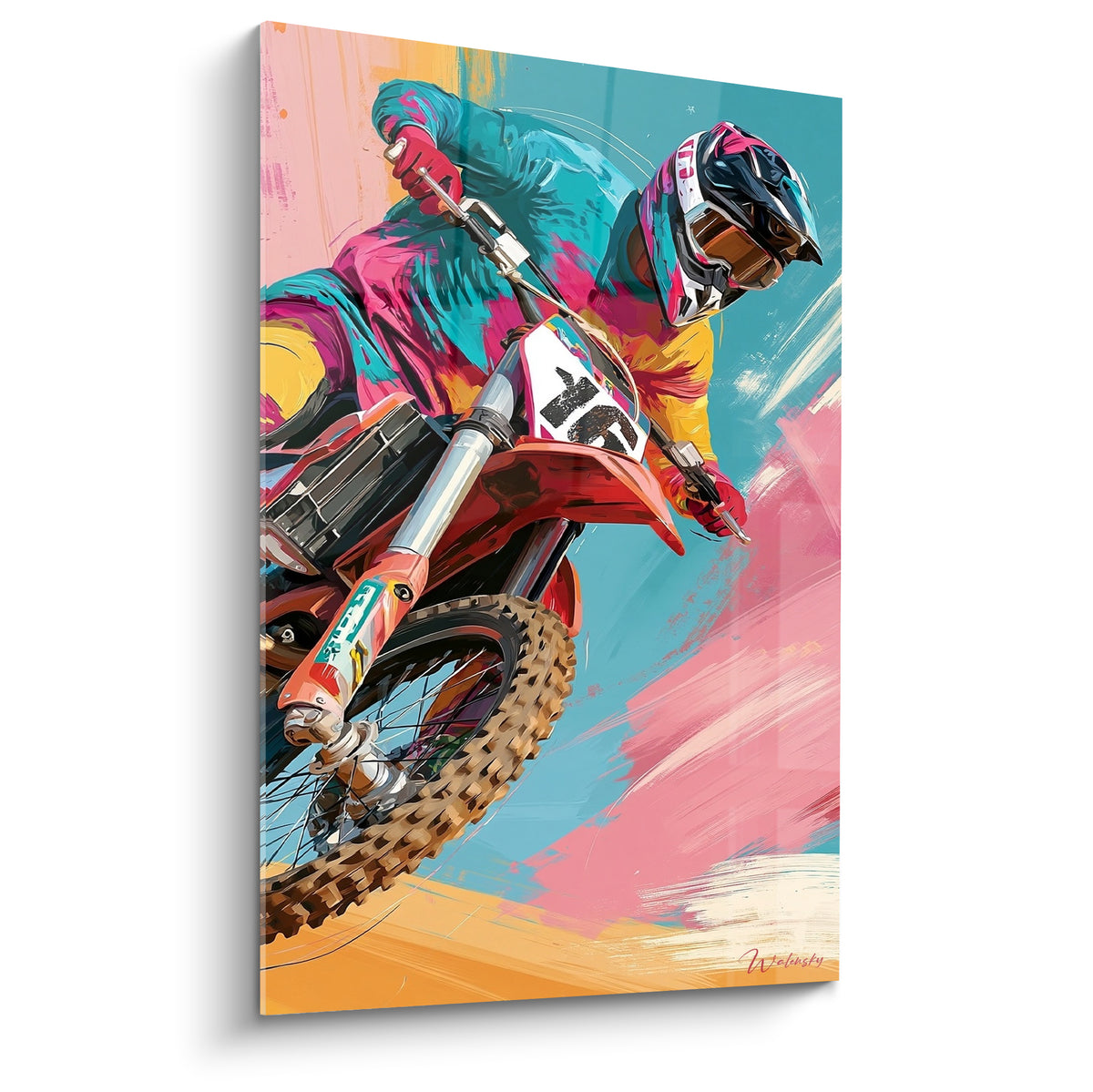Pilote de motocross en plein saut, casque rose et fond turquoise éclatant peint en larges touches