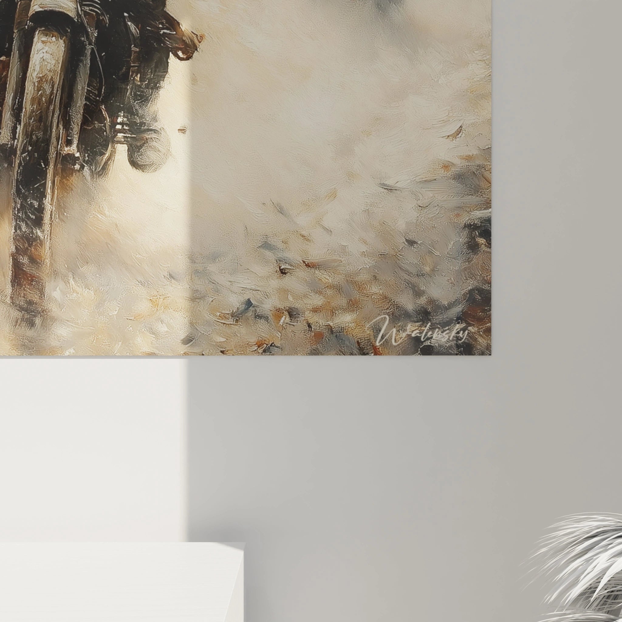 Tableau mural Walensky représentant motocyclistes en action style peinture vintage tableau motocyclistes seconde guerre mondiale