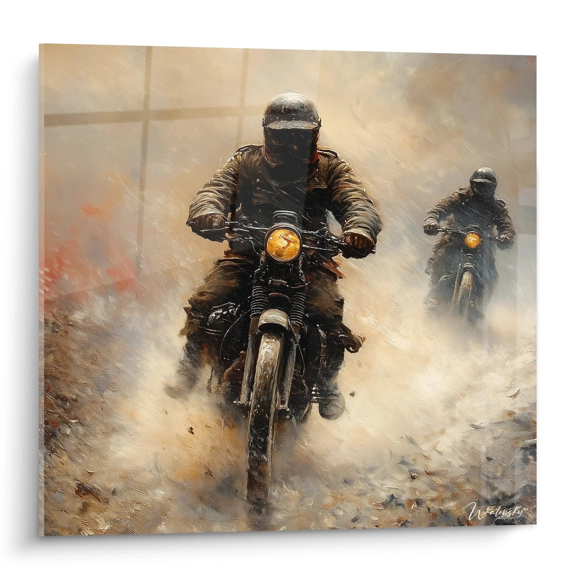 tableau motocyclistes seconde guerre mondiale Walensky tableau mural montrant deux motards d'époque traversant poussière et fumée