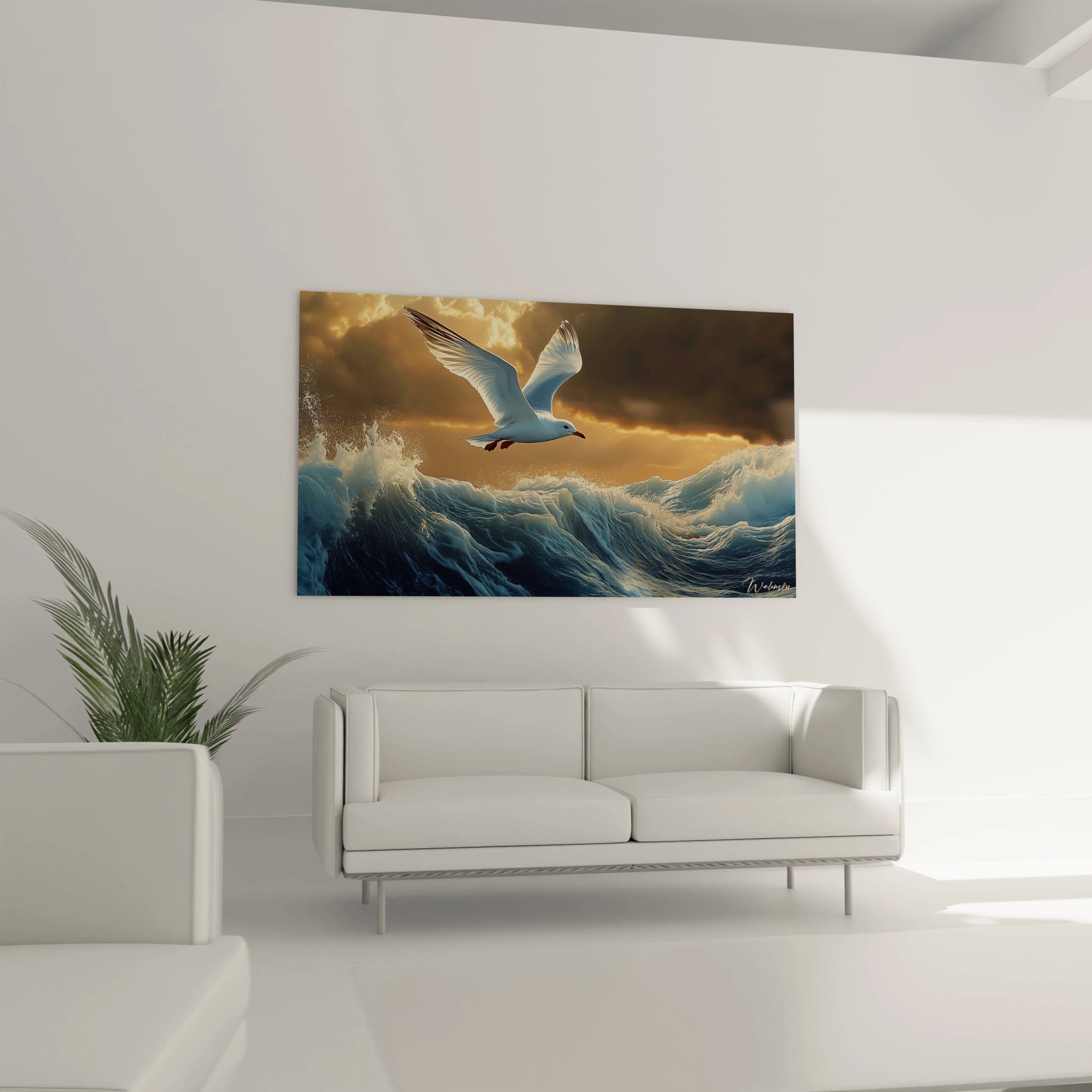 Un tableau mouette au-dessus des flots présentant un oiseau blanc immaculé planant sur une mer déchaînée. Les couleurs dominantes sont le bleu turquoise des vagues, le blanc éclatant du plumage et l'or chaleureux du ciel, avec des effets de lumière saisissants.