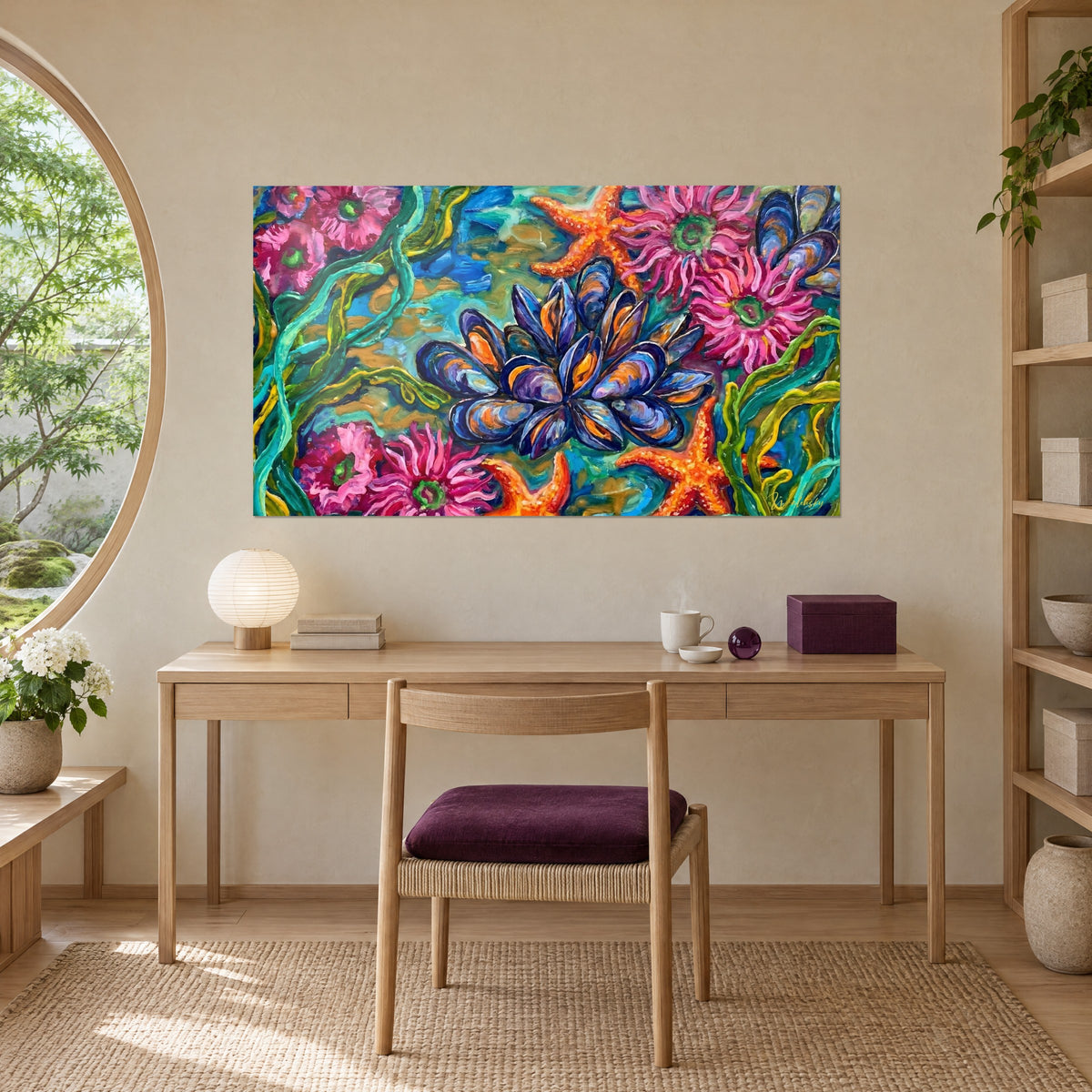 Quadro conchiglie blu marine madreperlacee, anemoni rosa, stelle arancioni su sfondo turchese, appeso sopra una scrivania in legno chiaro