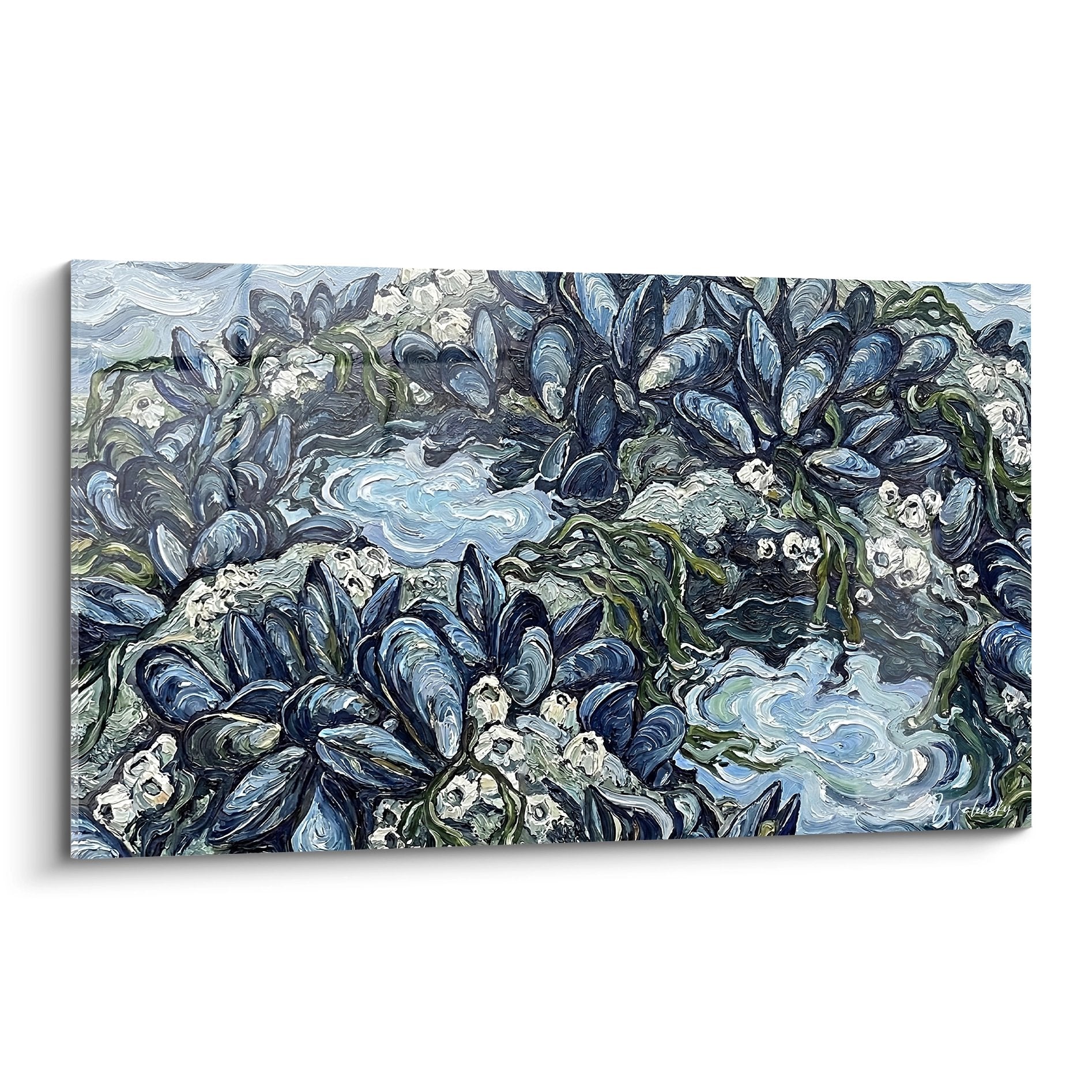 Gemälde blaue Muscheln auf Felsen mit grünen Algen und weißem Gischt marine Malerei Muschel Edition