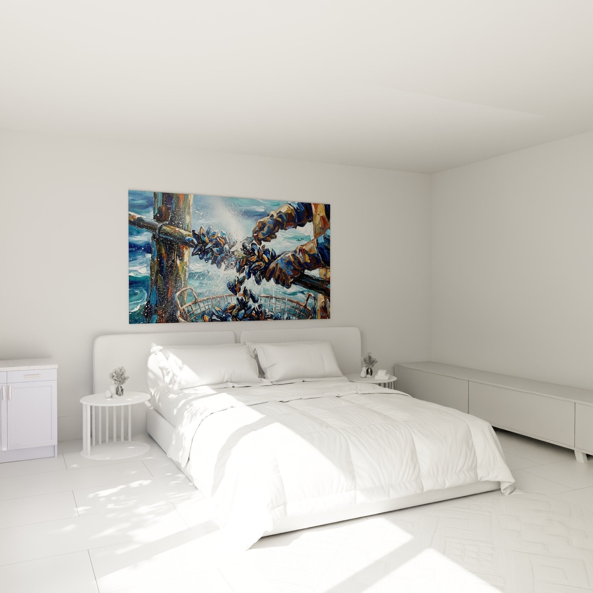 Wandbild Meeresmuscheln im Schlafzimmer, Küstenambiente, blaue türkise Wanddekoration, Meeresgeist
