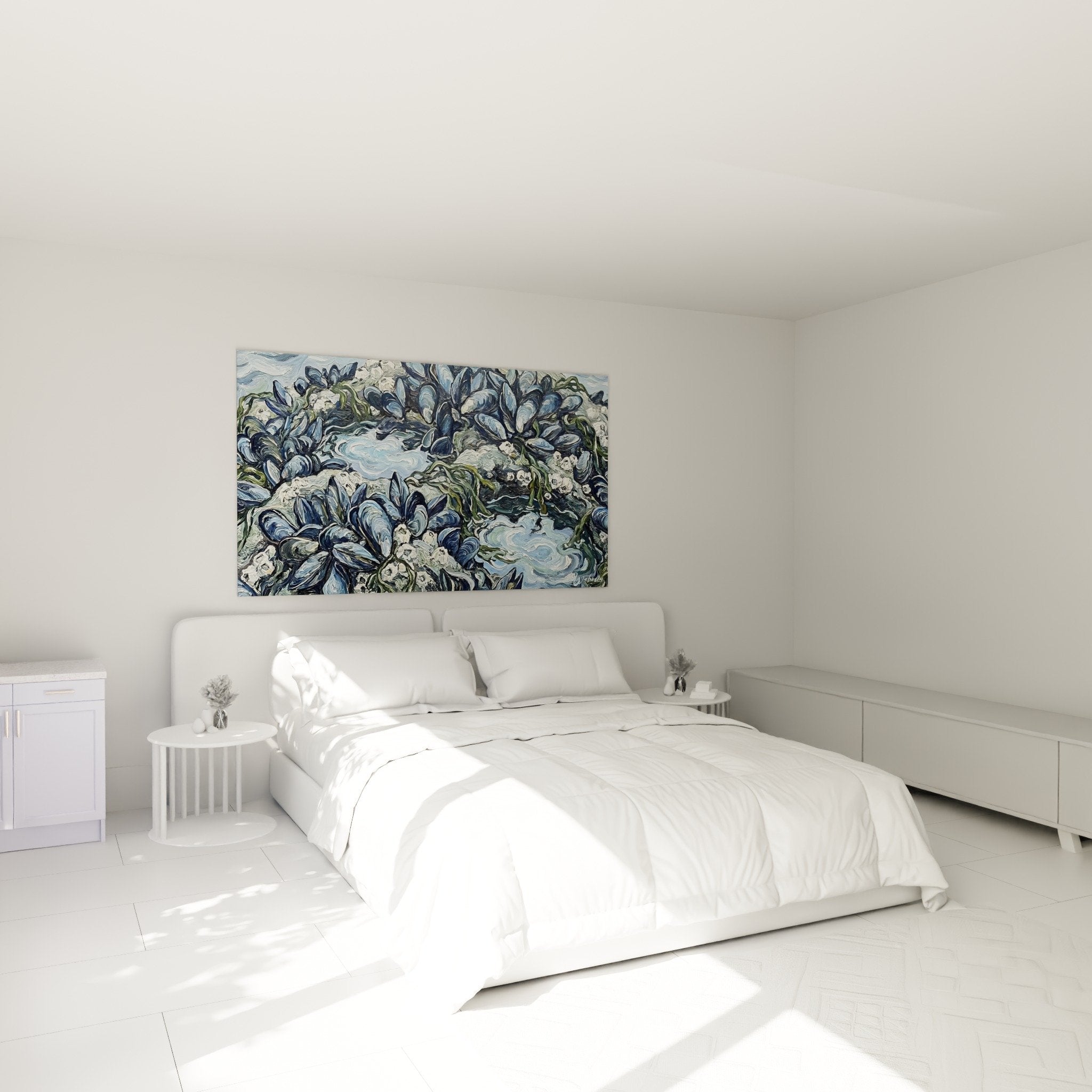 Wandbild Muschelformen ozeanblau-grau an Schlafzimmerwand gehängt Meeresdekor Muschelausgabe