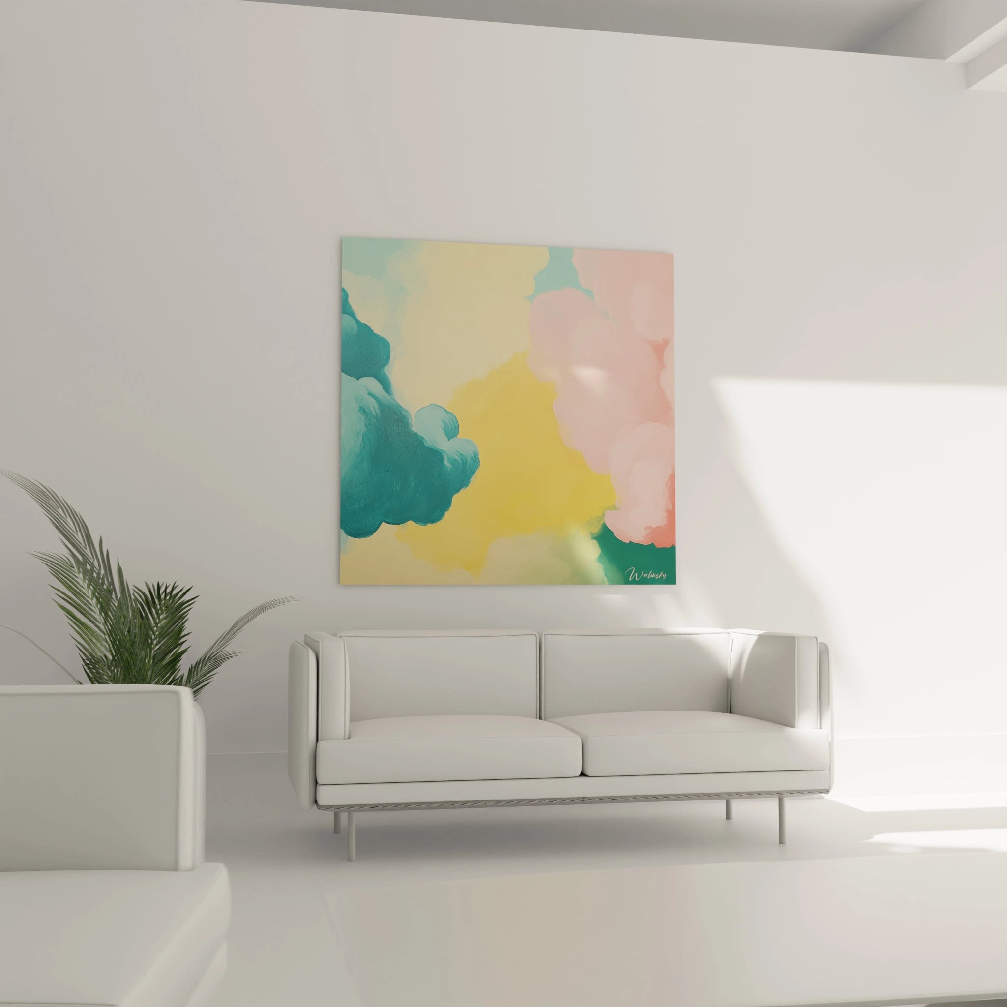 Tableau expressionniste abstrait de Walensky avec des couleurs douces sur un mur moderne