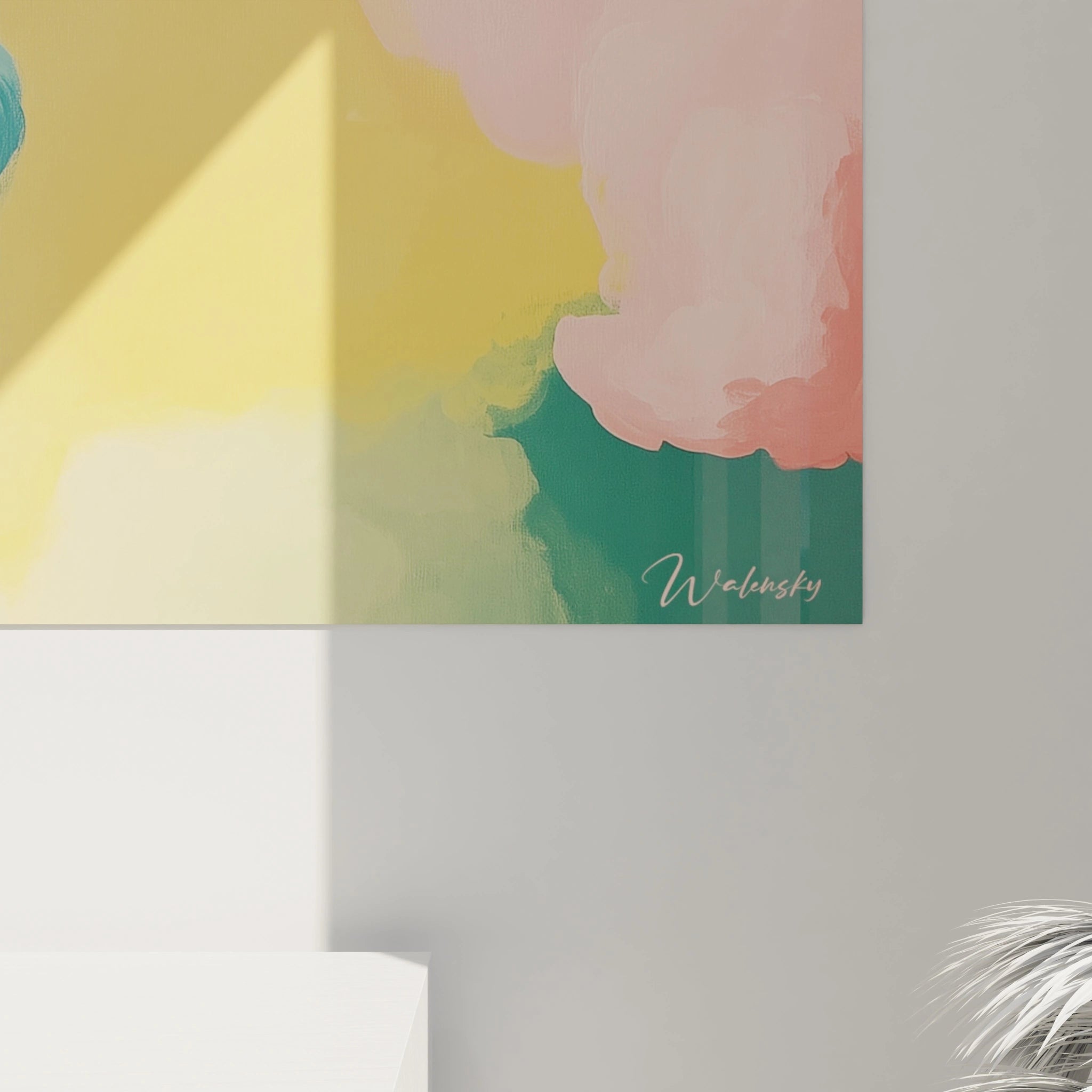 Tableau expressionniste abstrait de Walensky avec des nuances jaunes, roses et vertes