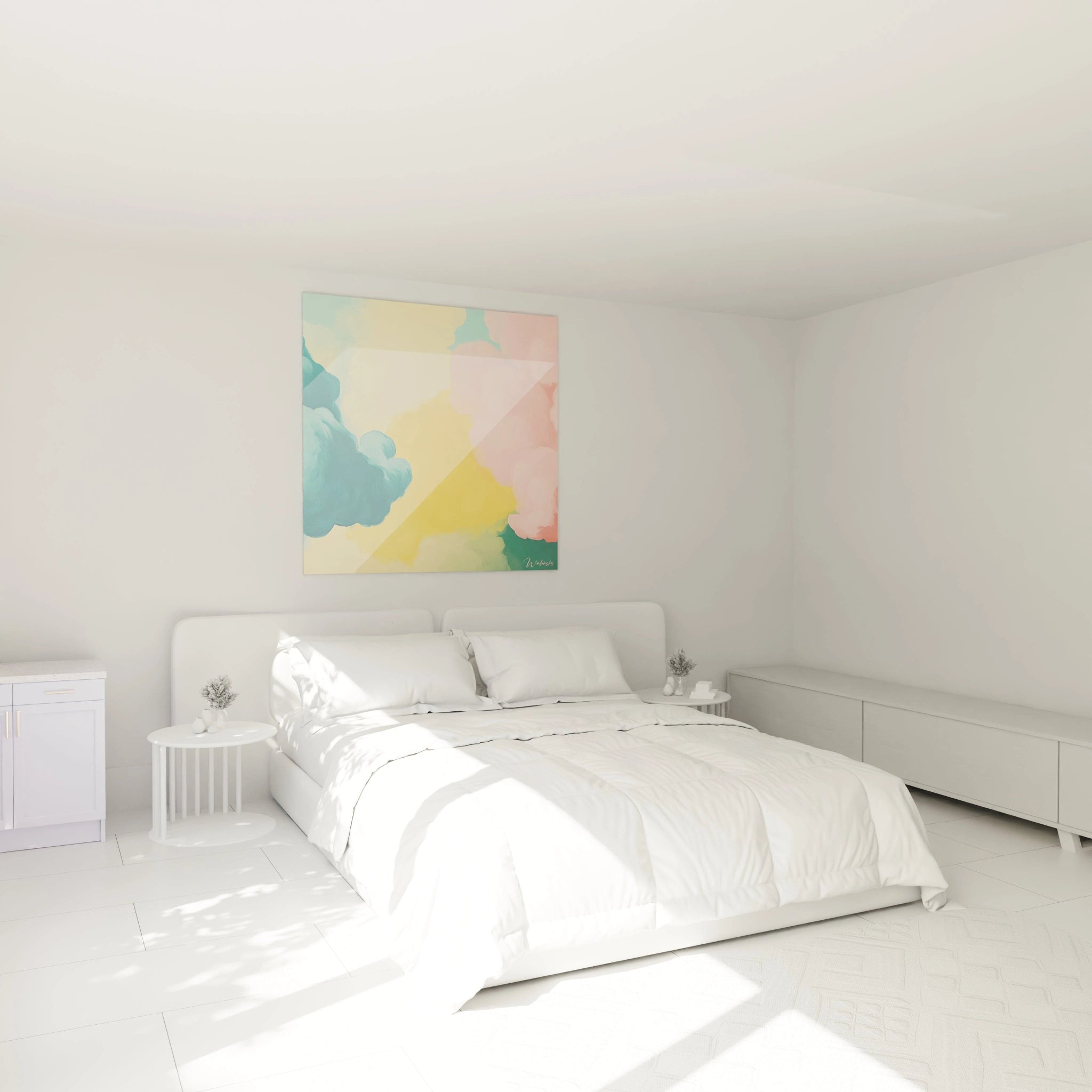 Tableau expressionniste abstrait de Walensky dans une chambre lumineuse avec lit confortable