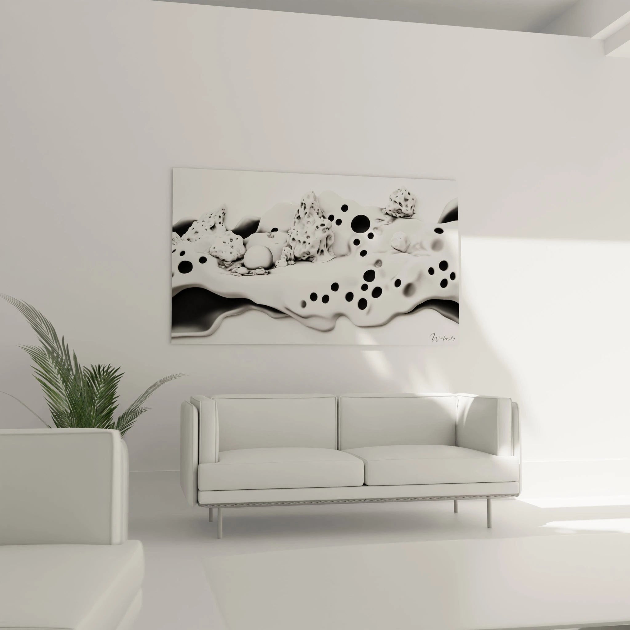 Tableau tacheté noir et blanc de Walensky, décoration murale contemporaine dans un salon moderne